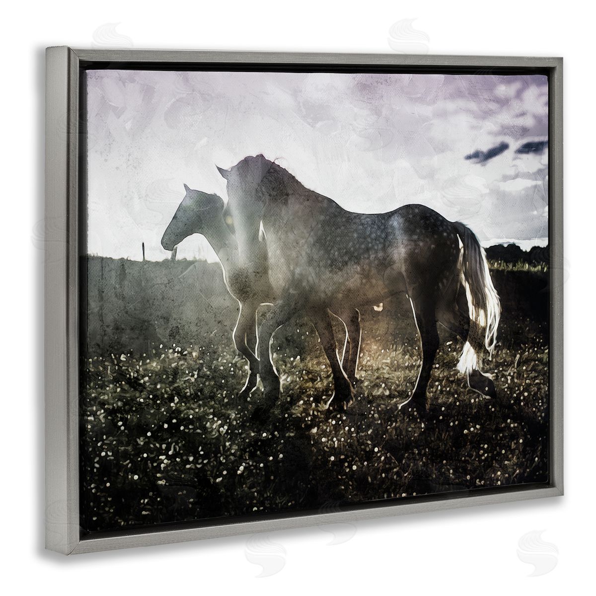 Horses Together Abstract Silhouette Grey Floating Frame Canvas Wall Art, Home Decor by Milli Villa