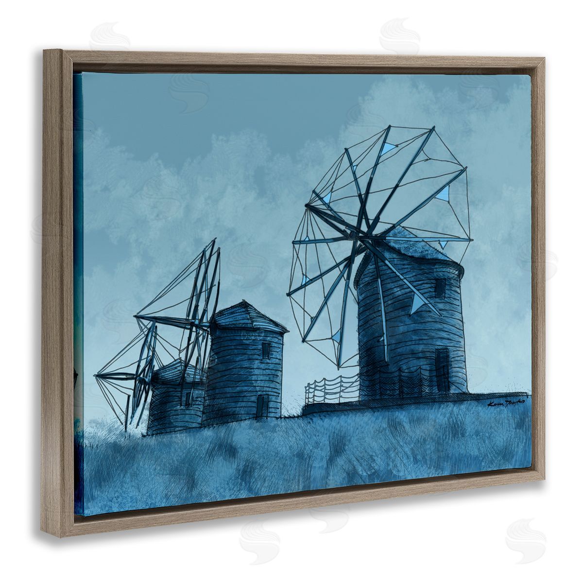 Windmill Farm Blue Landscape Brown Floating Frame Canvas Wall Art, Home Decor by Karen Dreyfus