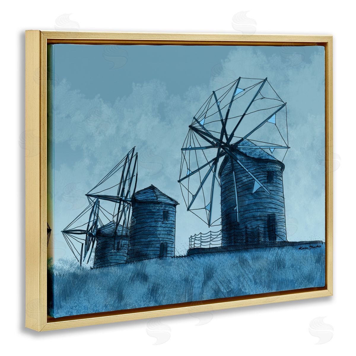 Windmill Farm Blue Landscape Gold Floating Frame Canvas Wall Art, Home Decor by Karen Dreyfus