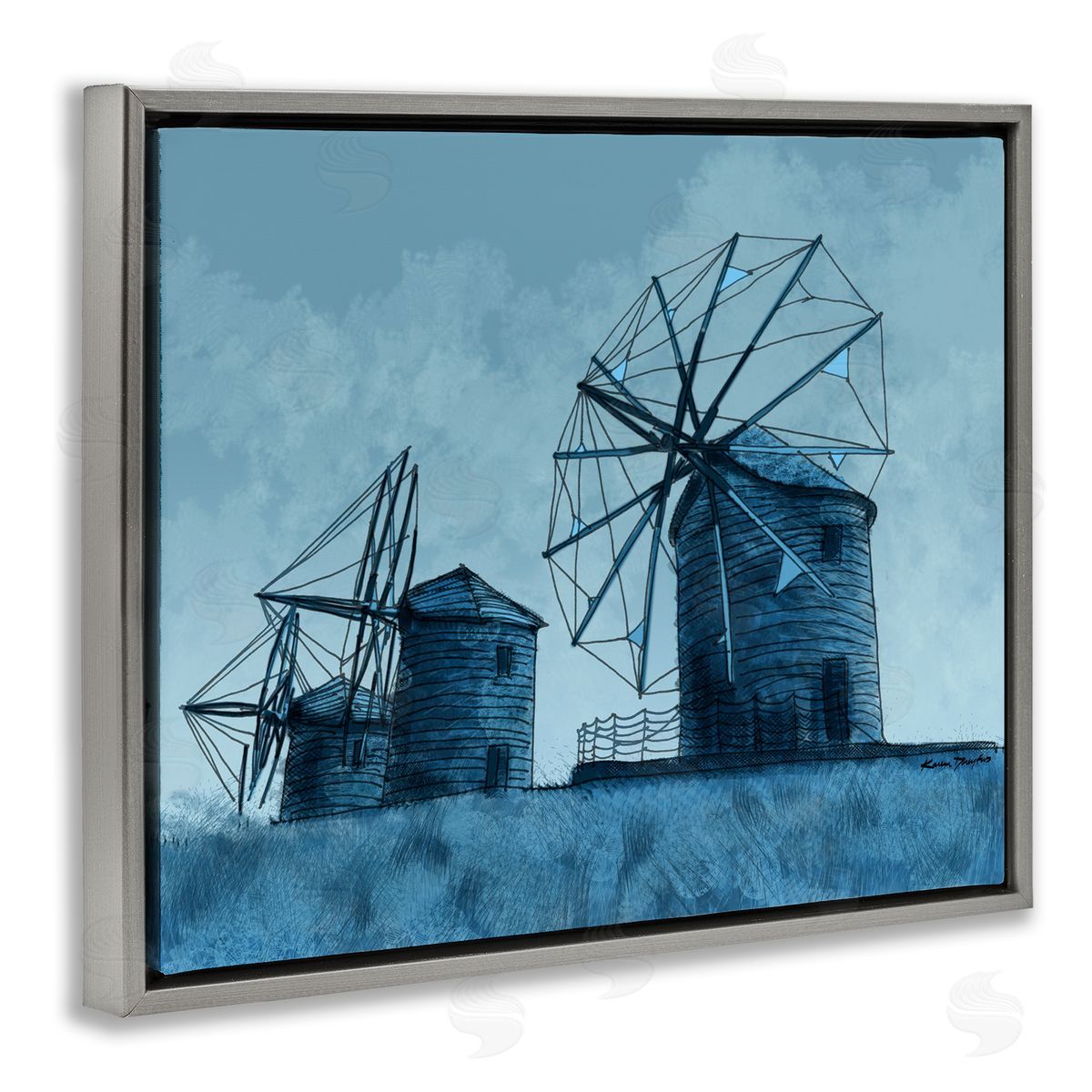 Windmill Farm Blue Landscape Grey Floating Frame Canvas Wall Art, Home Decor by Karen Dreyfus
