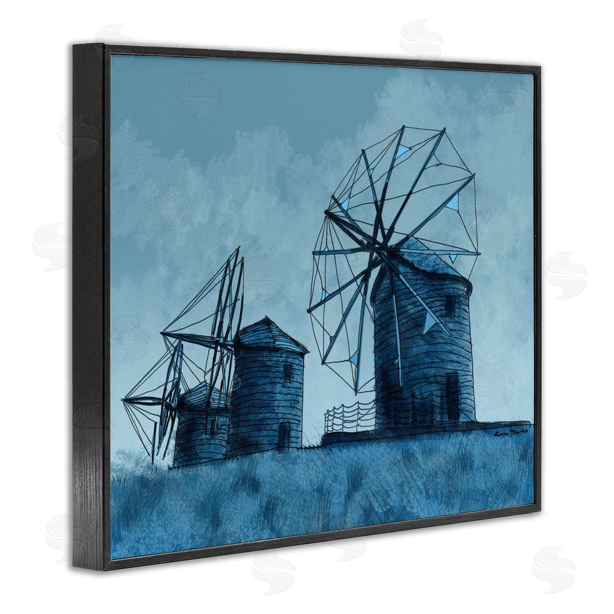 Windmill Farm Blue Landscape Black Frame Print Wall Art, Home Decor by Karen Dreyfus