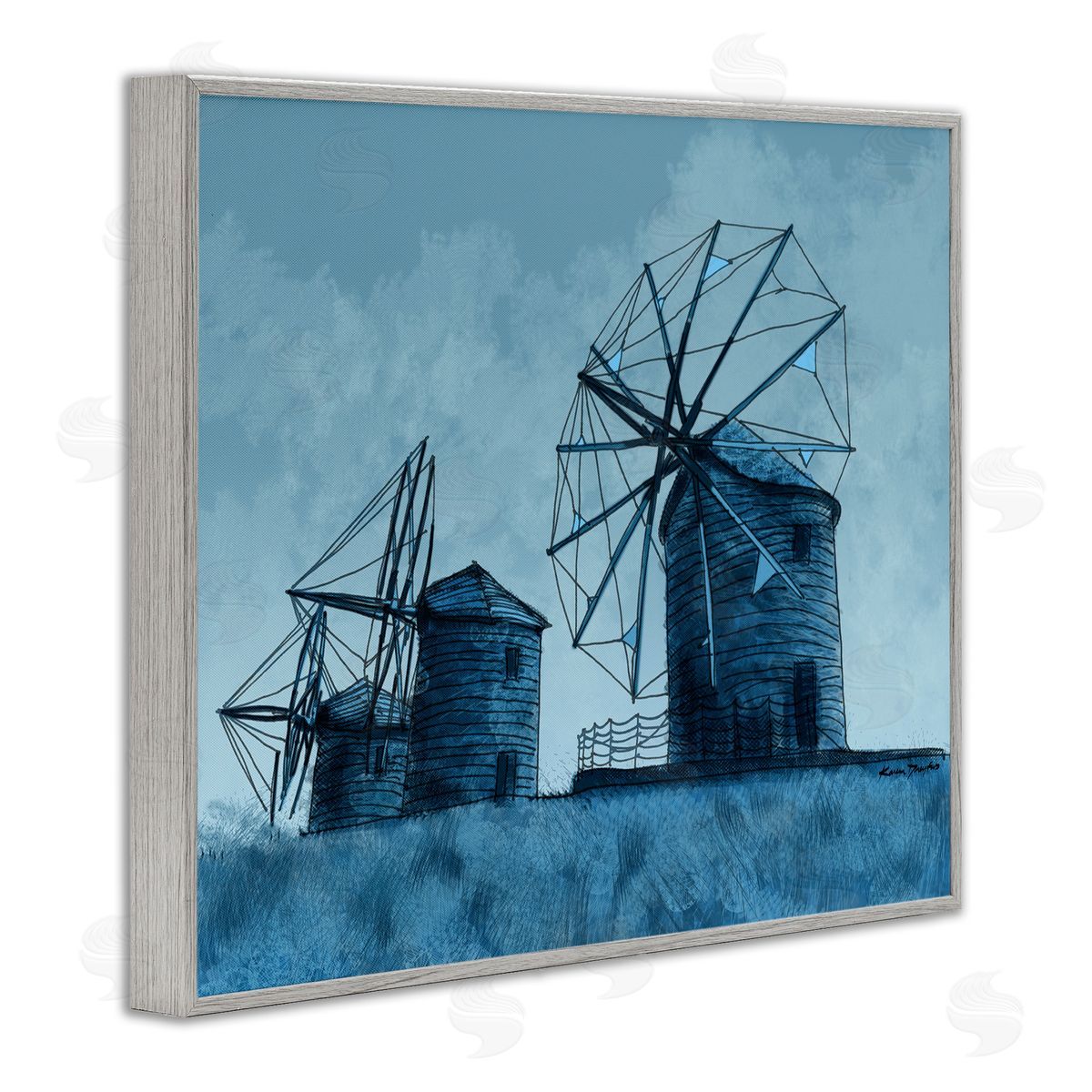 Windmill Farm Blue Landscape Grey Frame Print Wall Art, Home Decor by Karen Dreyfus