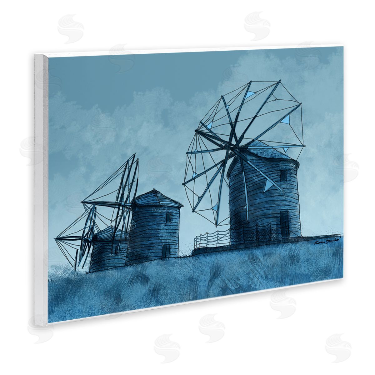 Windmill Farm Blue Landscape Wood Plaque Wall Art, Home Decor by Karen Dreyfus