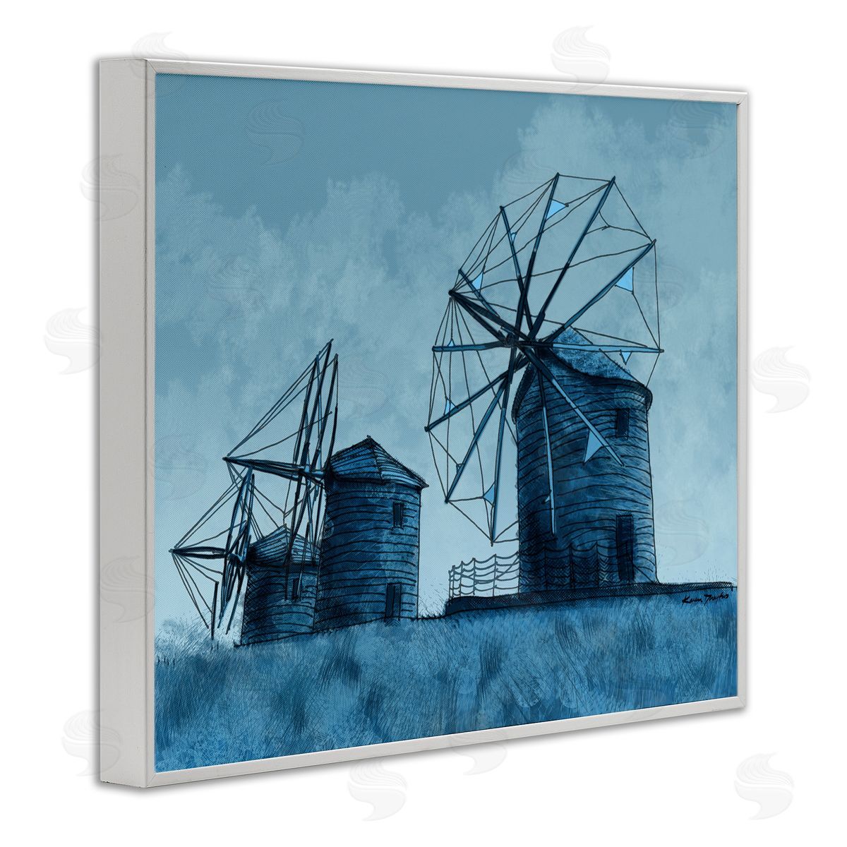 Windmill Farm Blue Landscape White Frame Print Wall Art, Home Decor by Karen Dreyfus