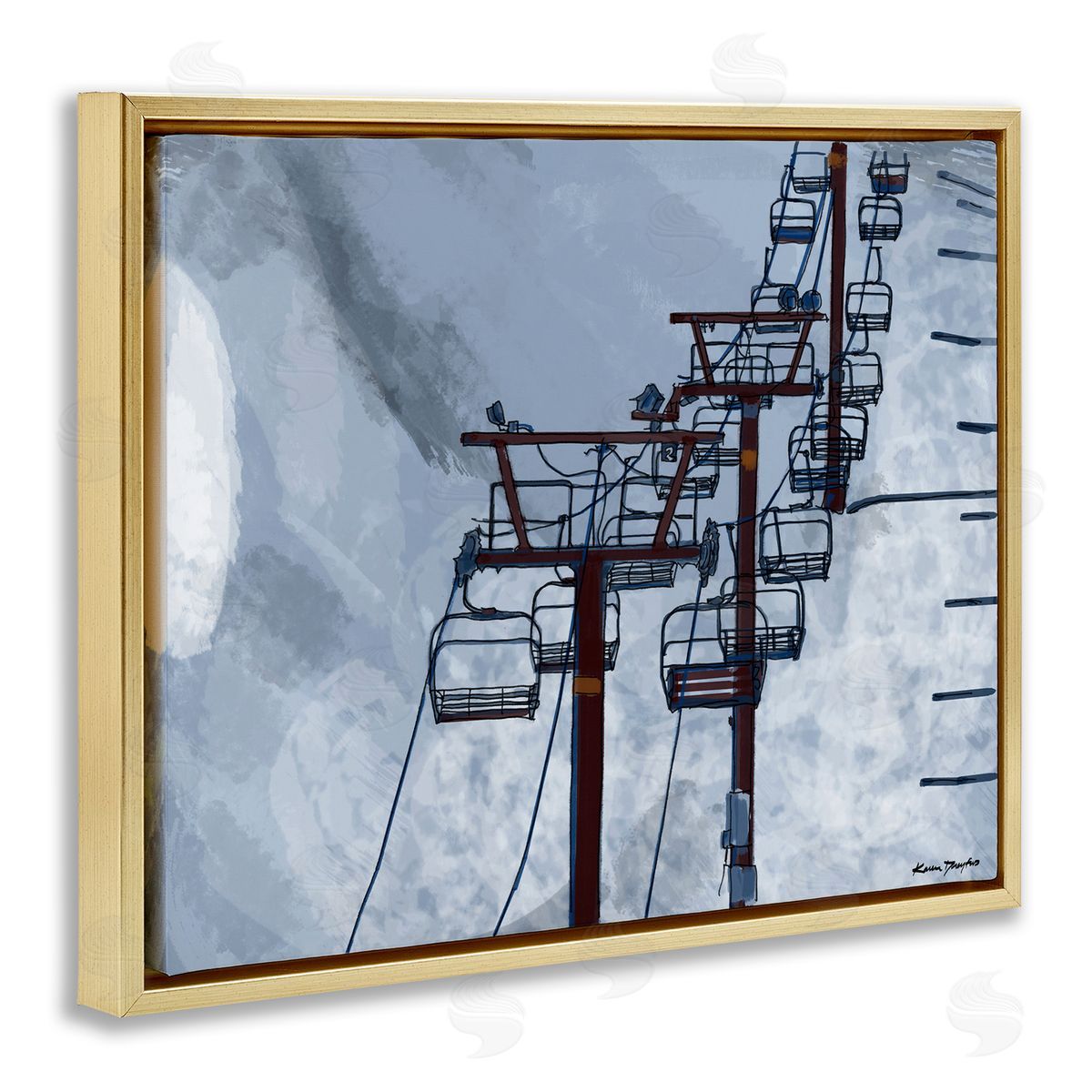 Ski Lift Blue Sky Gold Floating Frame Canvas Wall Art, Home Decor by Karen Dreyfus