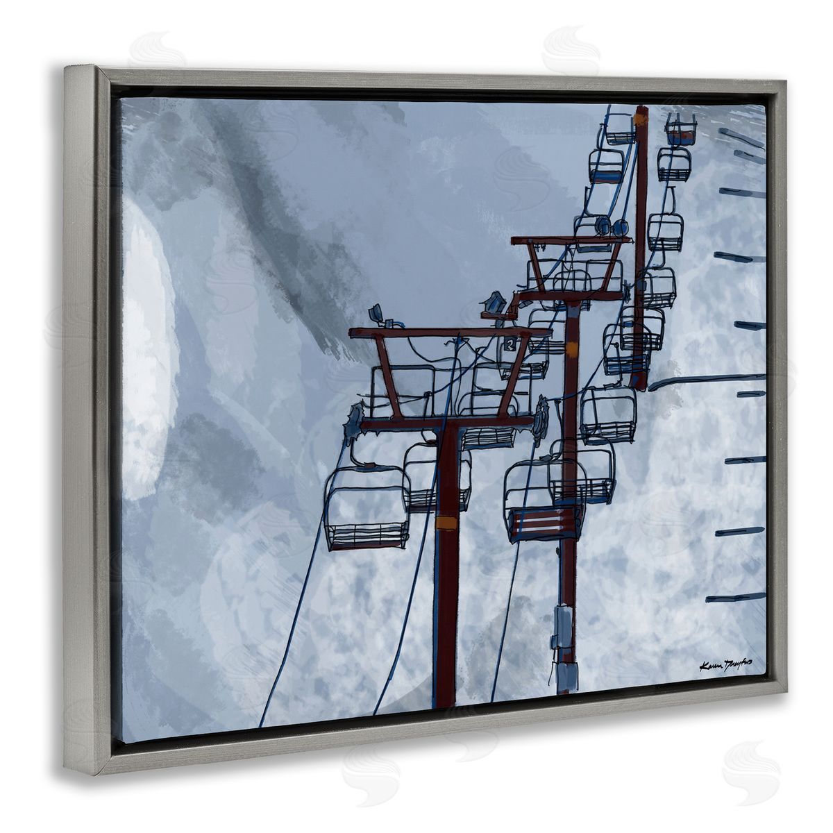 Ski Lift Blue Sky Grey Floating Frame Canvas Wall Art, Home Decor by Karen Dreyfus
