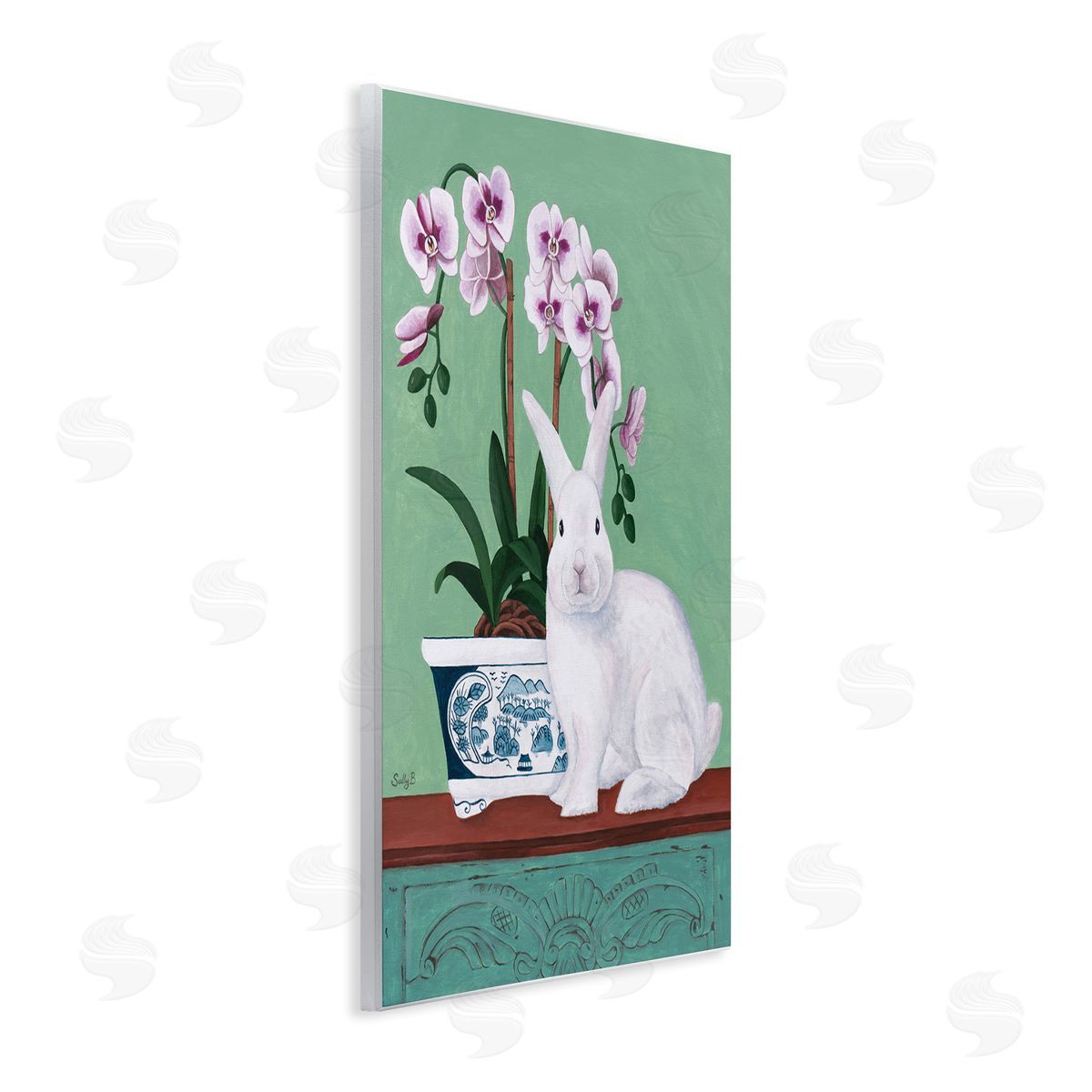 Rabbit and Flowers Pink Green Wood Plaque Wall Art, Home Decor by Sally B