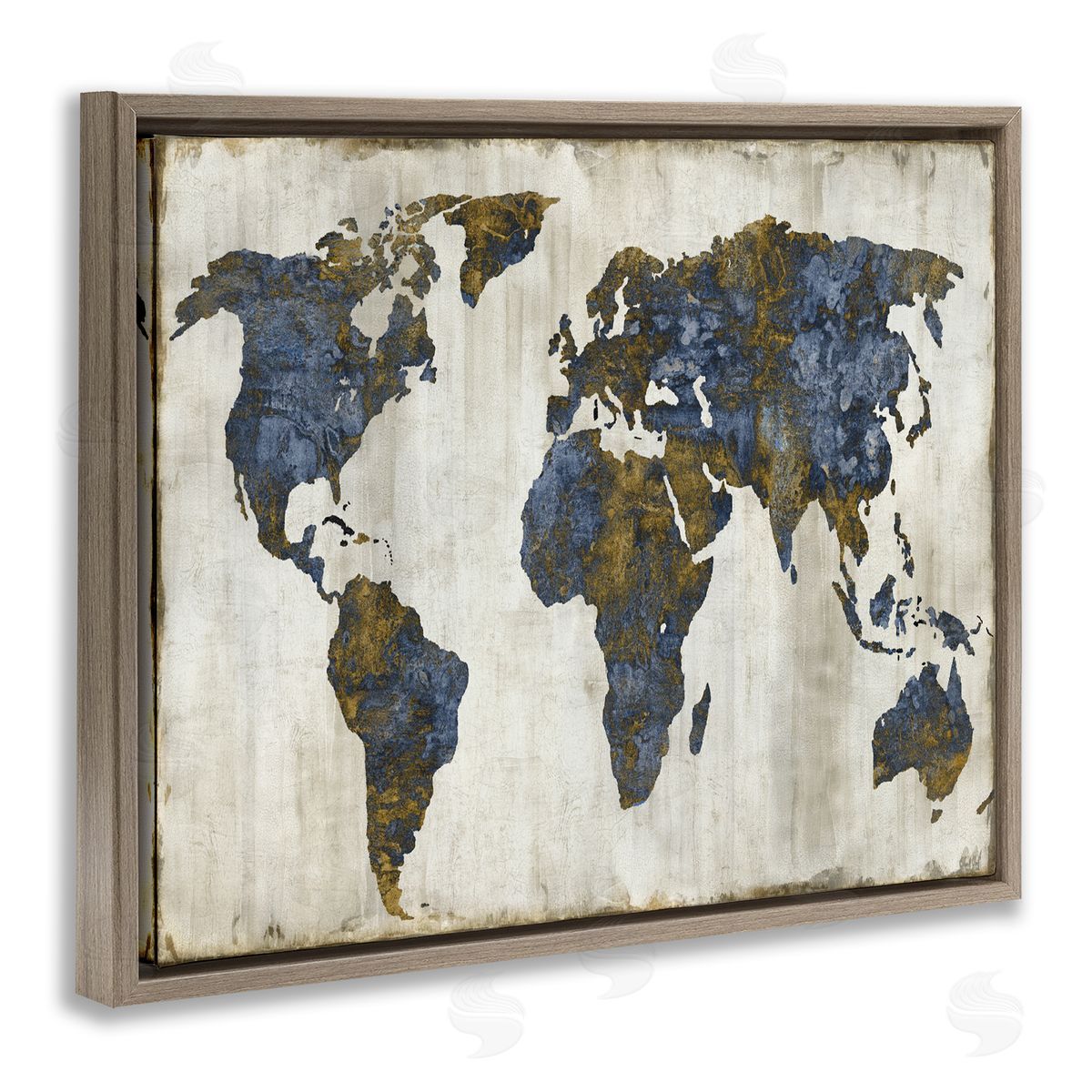 Gold Blue World Map Brown Floating Frame Canvas Wall Art, Home Decor by Russell Brennan