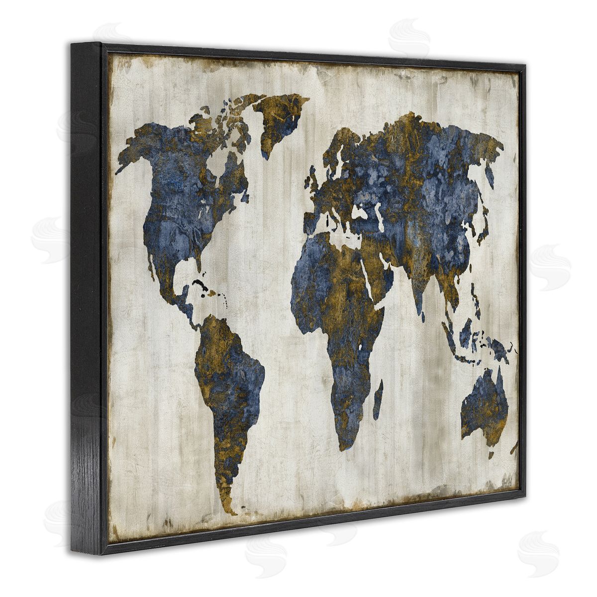 Gold Blue World Map Black Frame Print Wall Art, Home Decor by Russell Brennan