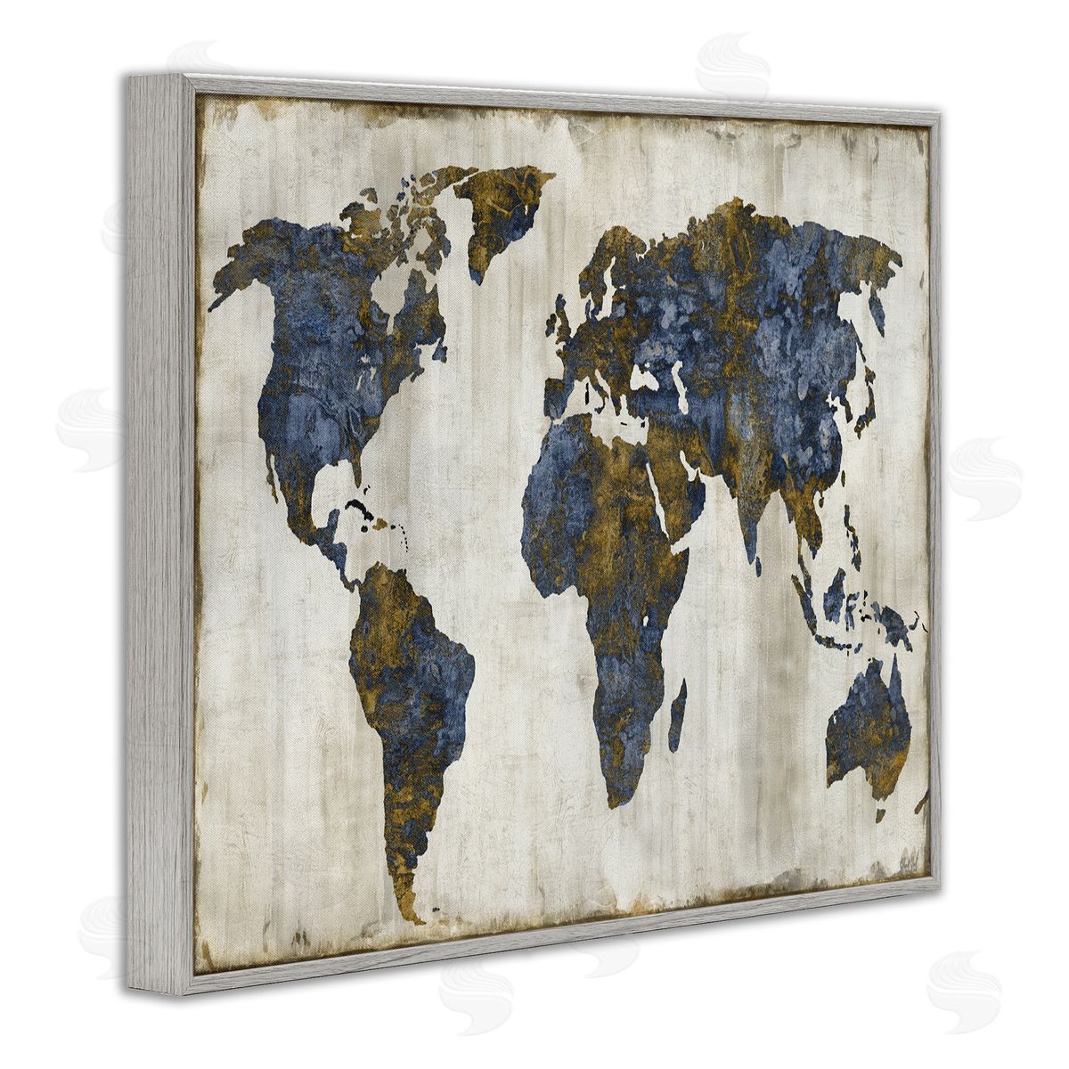 Gold Blue World Map Grey Frame Print Wall Art, Home Decor by Russell Brennan