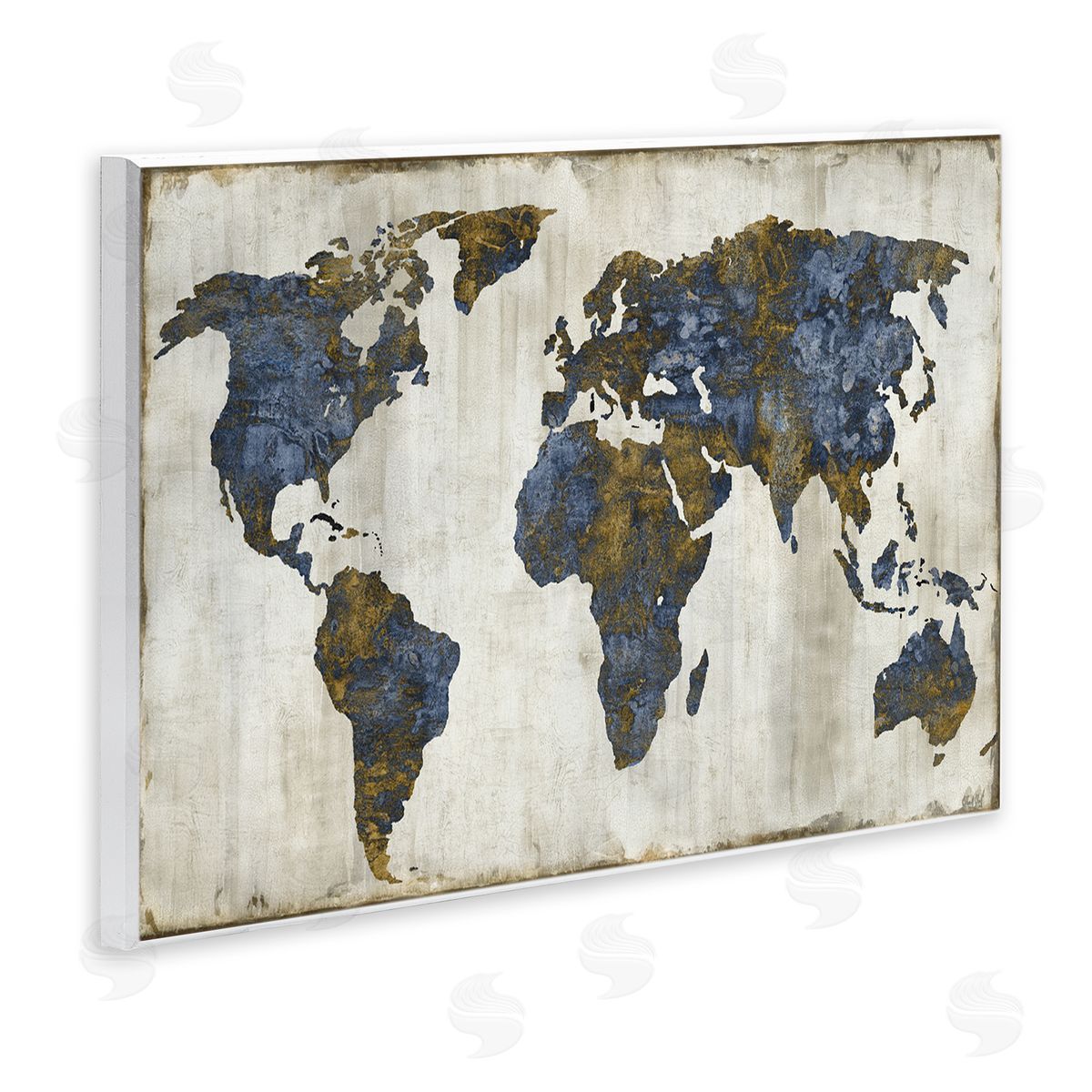 Gold Blue World Map Wood Plaque Wall Art, Home Decor by Russell Brennan