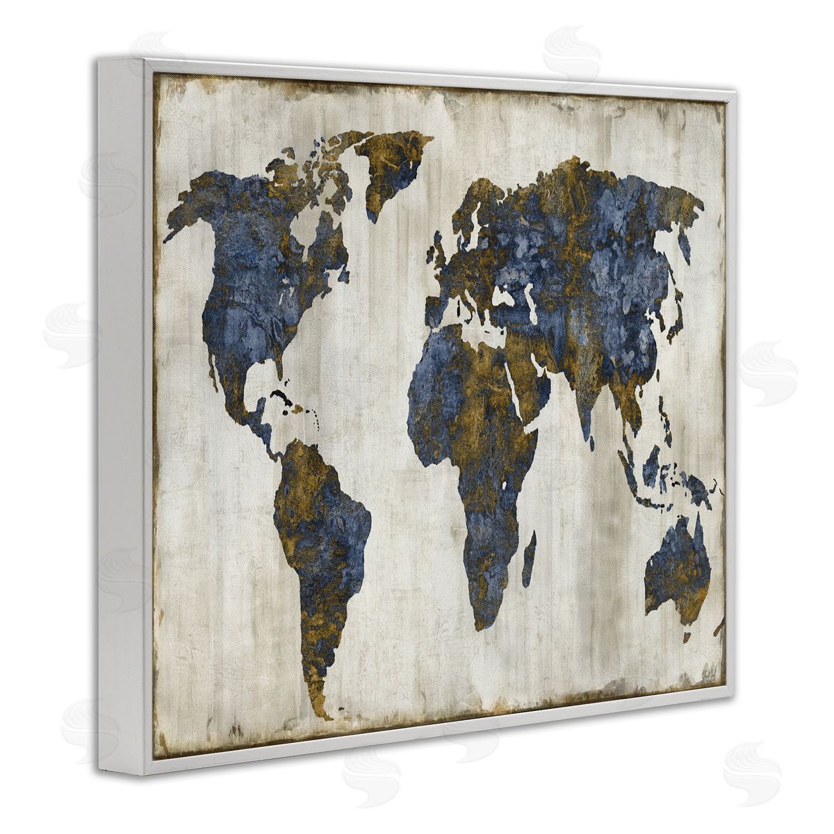 Gold Blue World Map White Frame Print Wall Art, Home Decor by Russell Brennan
