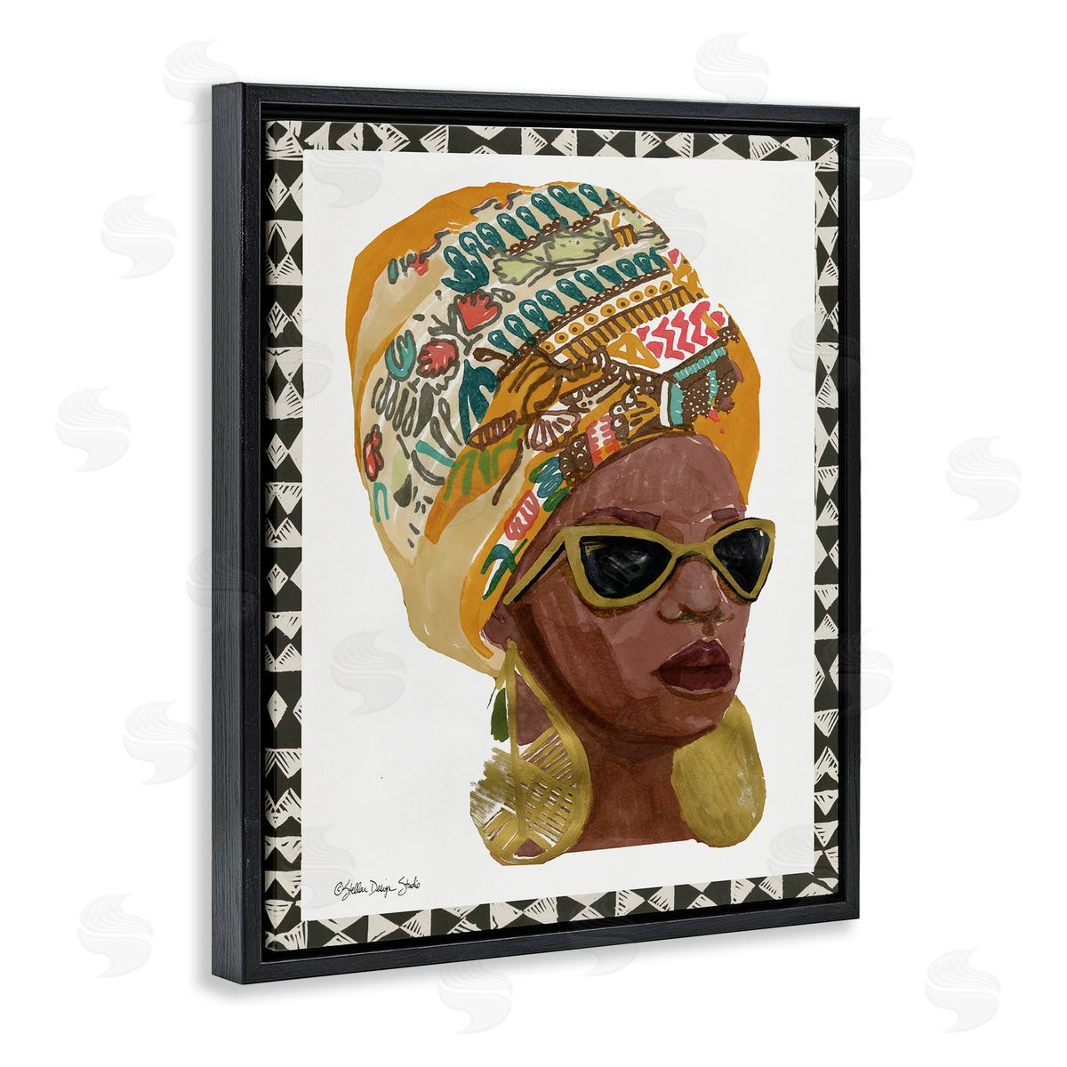 Patterned Fashion Model Painting Black Floating Frame Canvas Wall Art, Home Decor by Stellar Studio