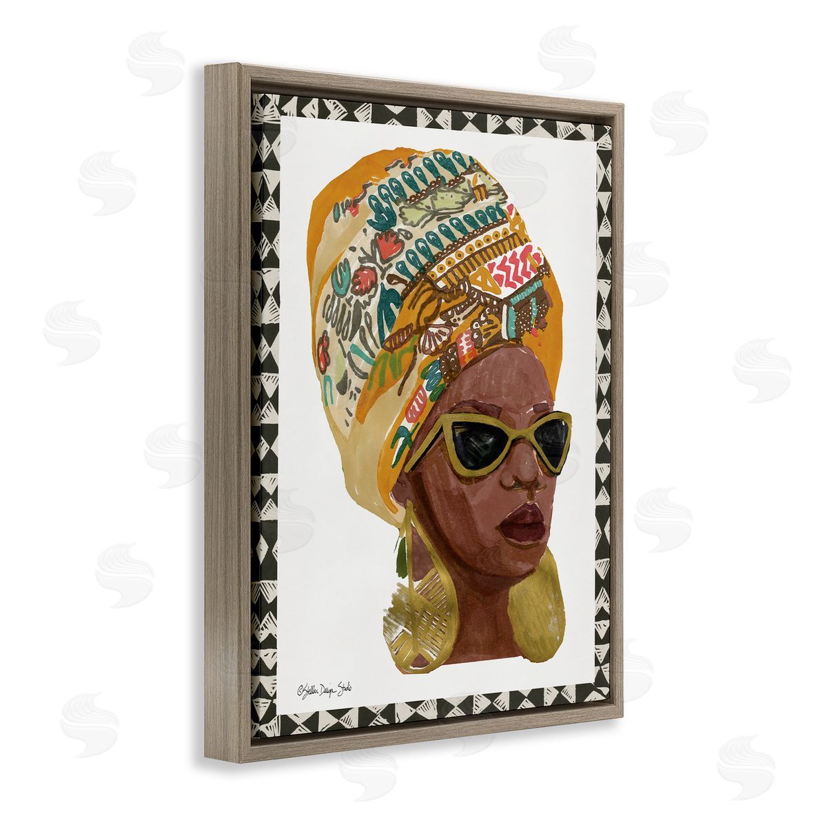 Patterned Fashion Model Painting Brown Floating Frame Canvas Wall Art, Home Decor by Stellar Studio