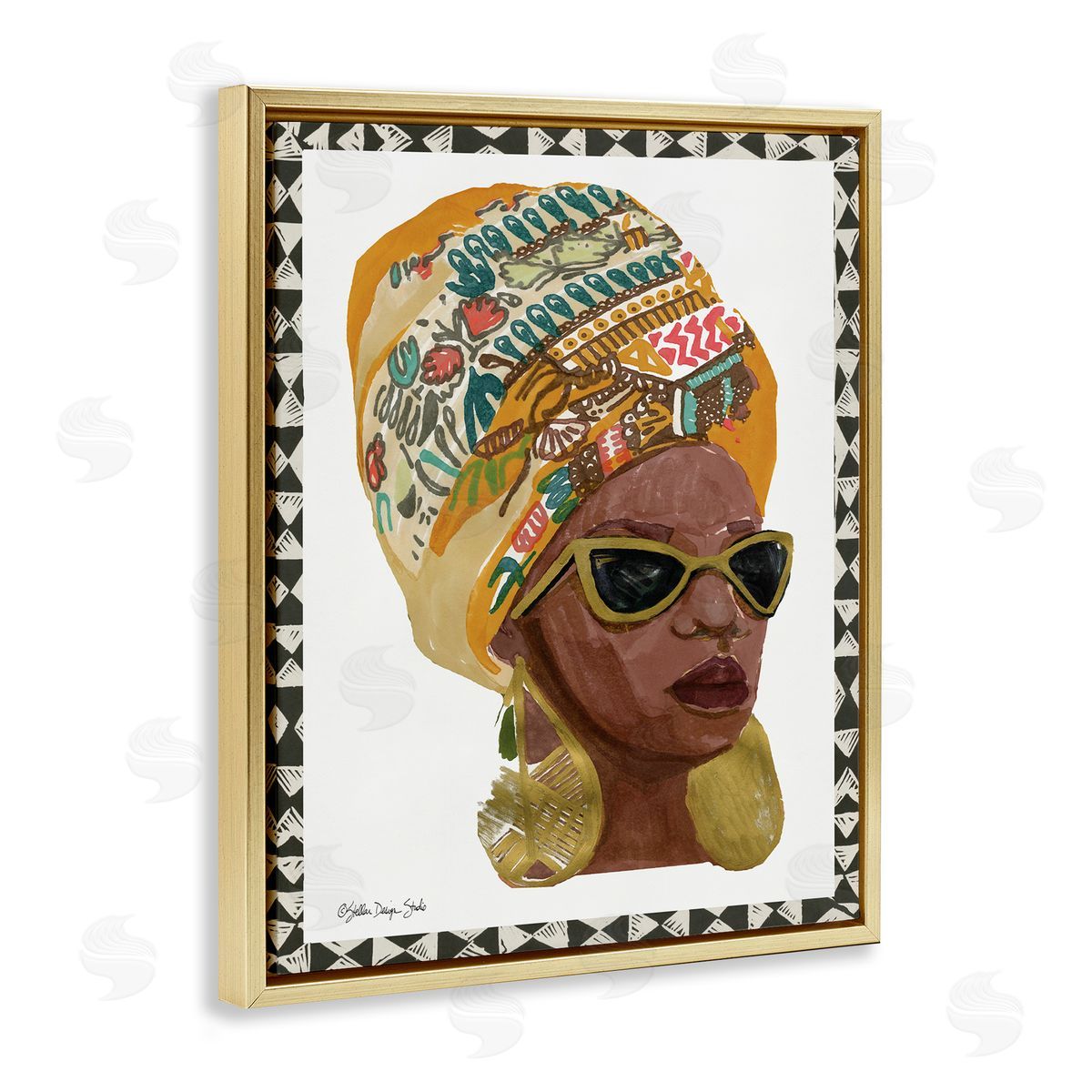 Patterned Fashion Model Painting Gold Floating Frame Canvas Wall Art, Home Decor by Stellar Studio