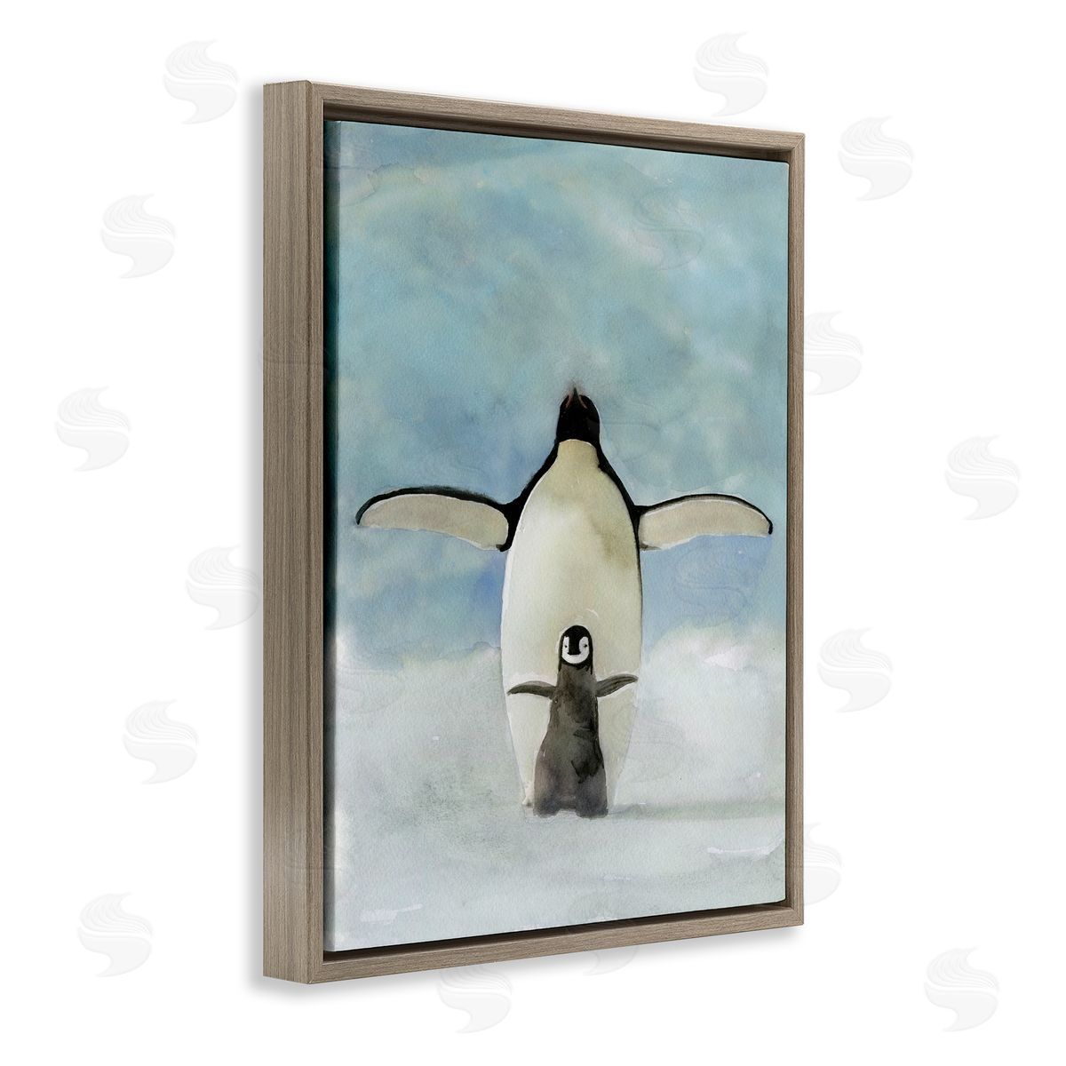 Penguin Family Painting Brown Floating Frame Canvas Wall Art, Home Decor by Stellar Studio