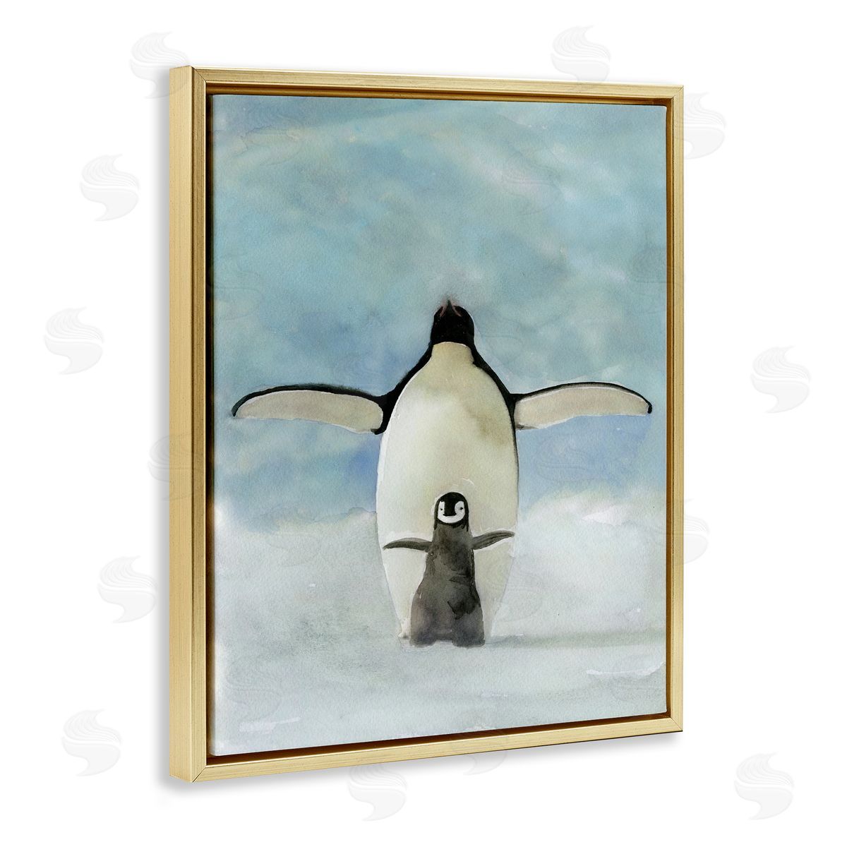 Penguin Family Painting Gold Floating Frame Canvas Wall Art, Home Decor by Stellar Studio