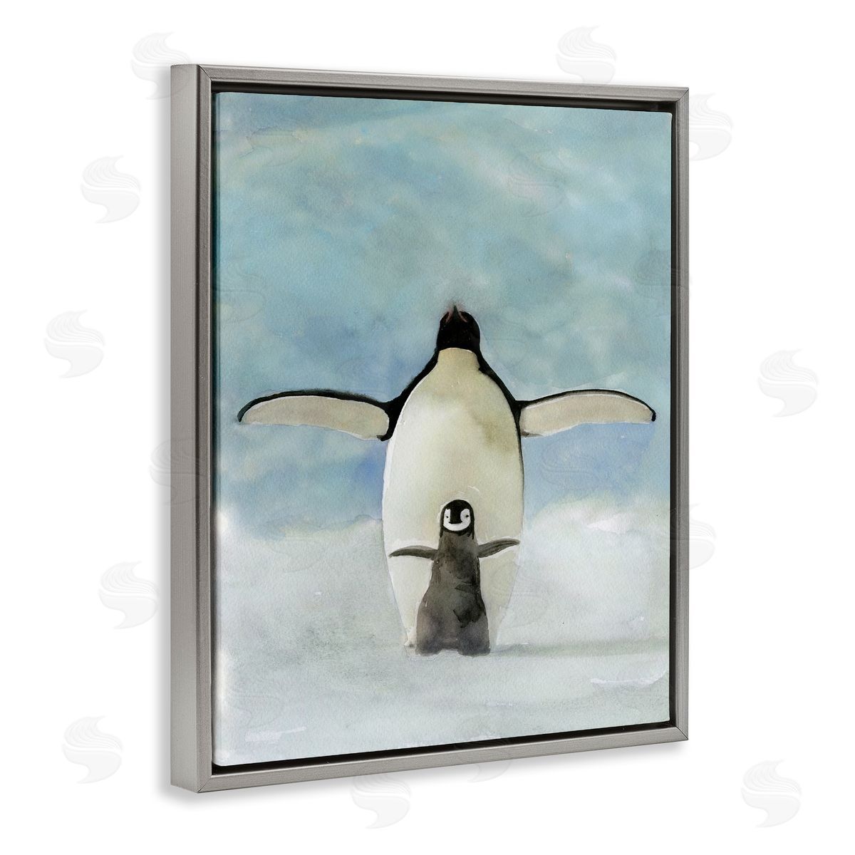 Penguin Family Painting Grey Floating Frame Canvas Wall Art, Home Decor by Stellar Studio