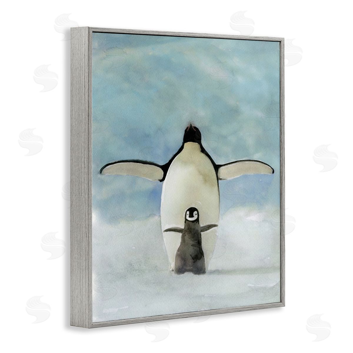Penguin Family Painting Grey Frame Print Wall Art, Home Decor by Stellar Studio