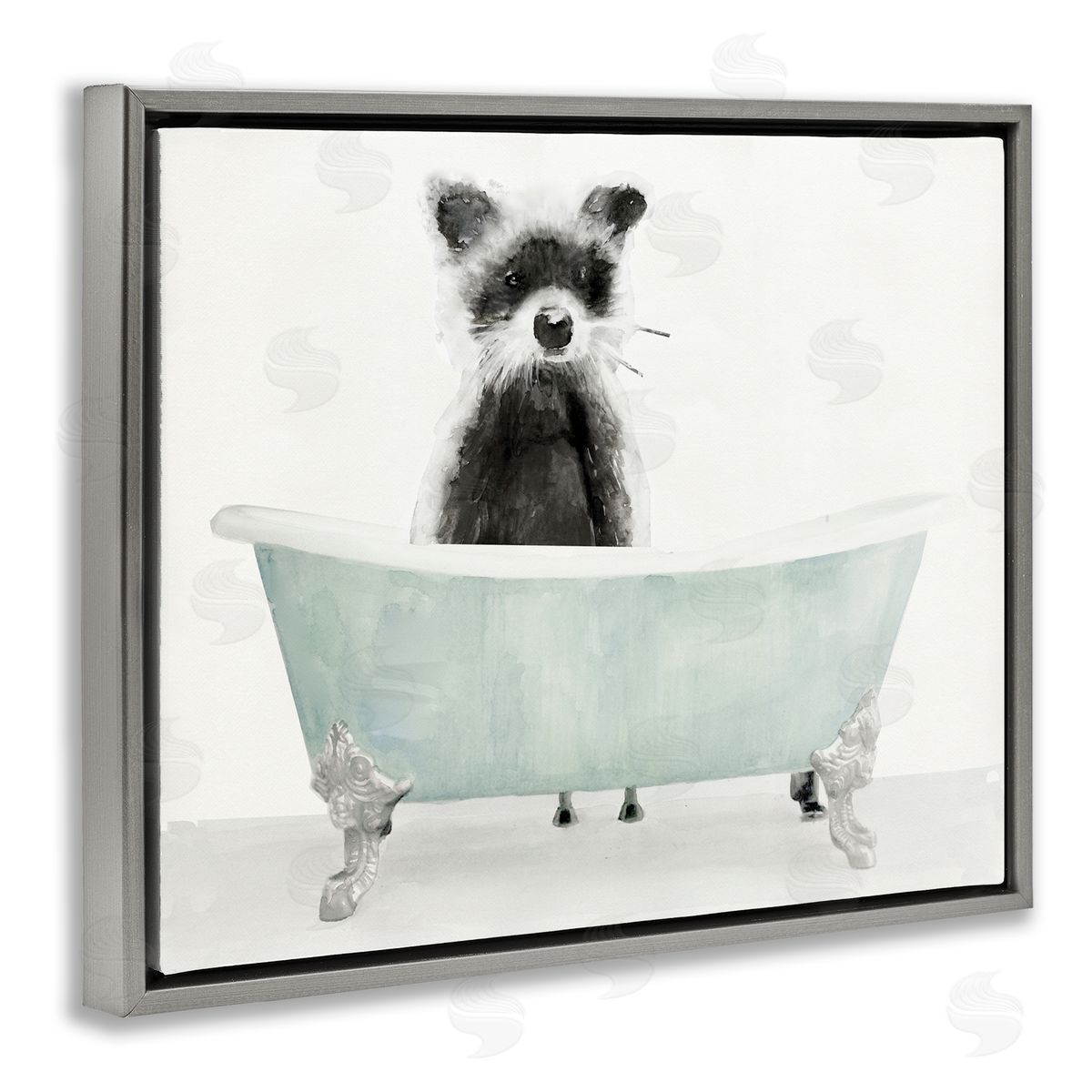 Raccoon In A Tub Grey Floating Frame Canvas Wall Art, Home Decor by Stellar Studio