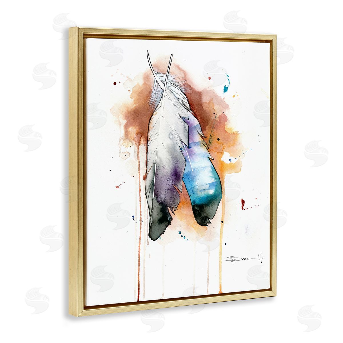 Bird Feathers Abstract Gold Floating Frame Canvas Wall Art, Home Decor by Sean Parnell