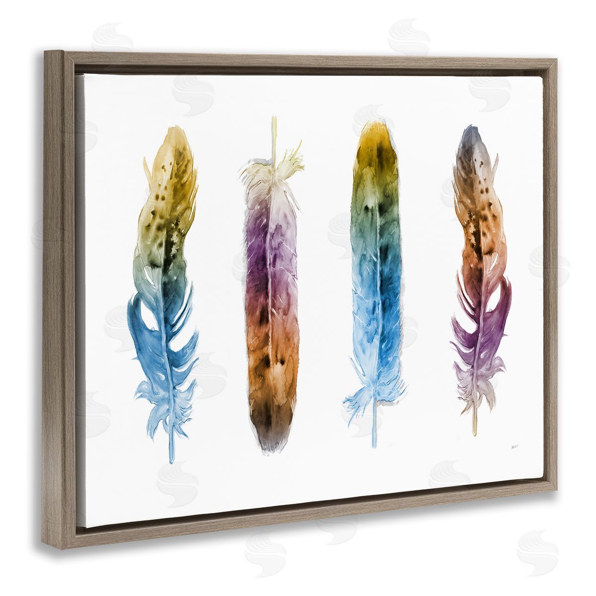 Feathers In Watercolor Brown Floating Frame Canvas Wall Art, Home Decor by Patti Mann