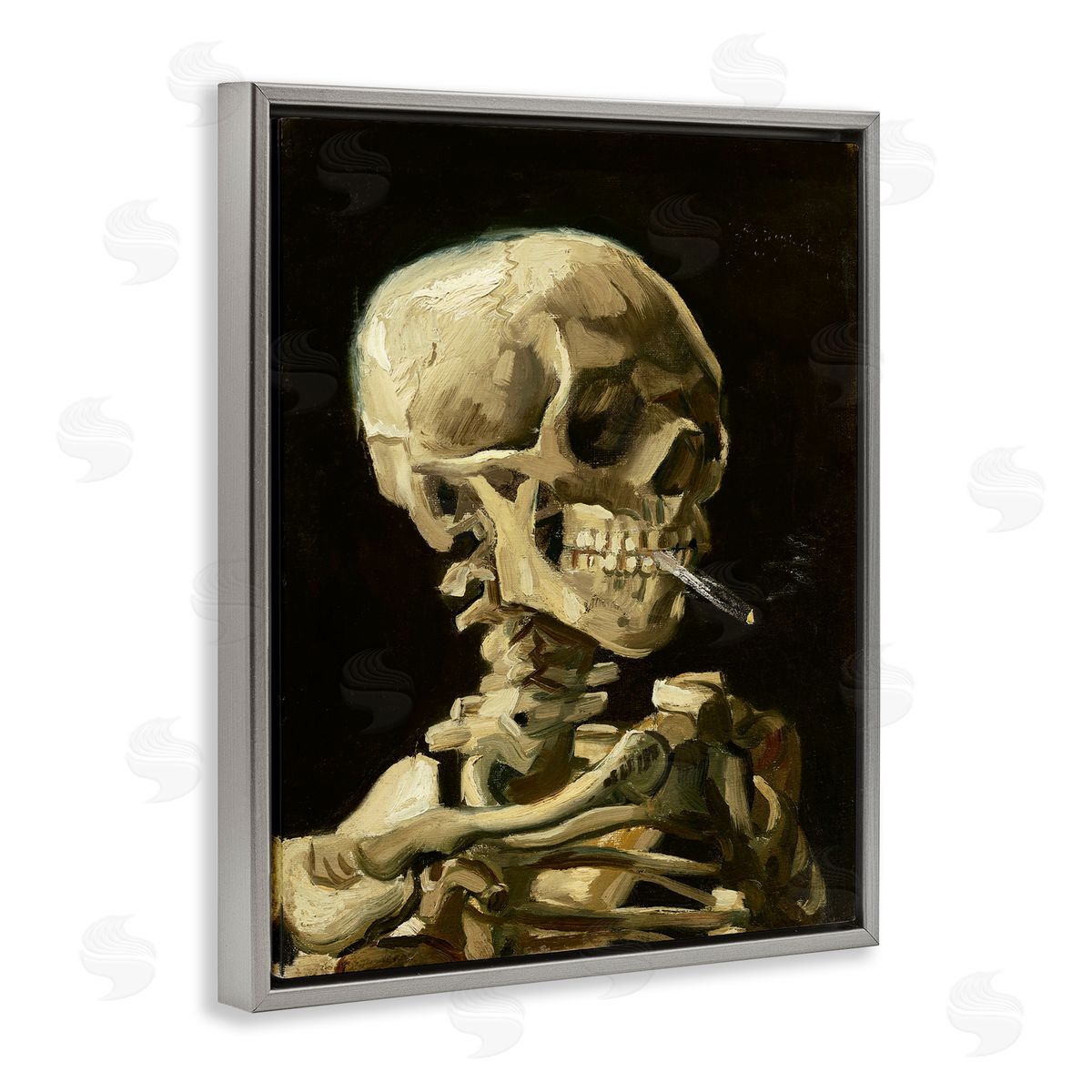 Skull with Burning Cigarette Grey Floating Frame Canvas Wall Art, Home Decor by Vincent Van Gogh