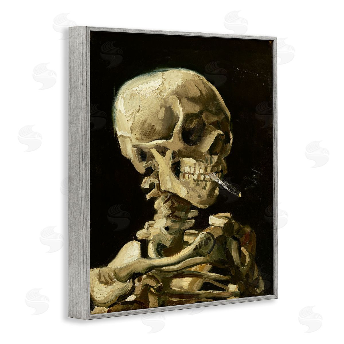 Skull with Burning Cigarette Grey Frame Print Wall Art, Home Decor by Vincent Van Gogh