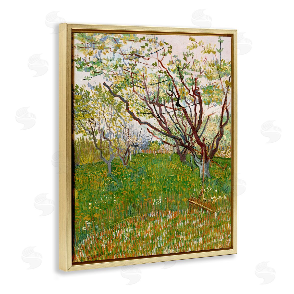 The Flowering Orchard Gold Floating Frame Canvas Wall Art, Home Decor by Vincent Van Gogh