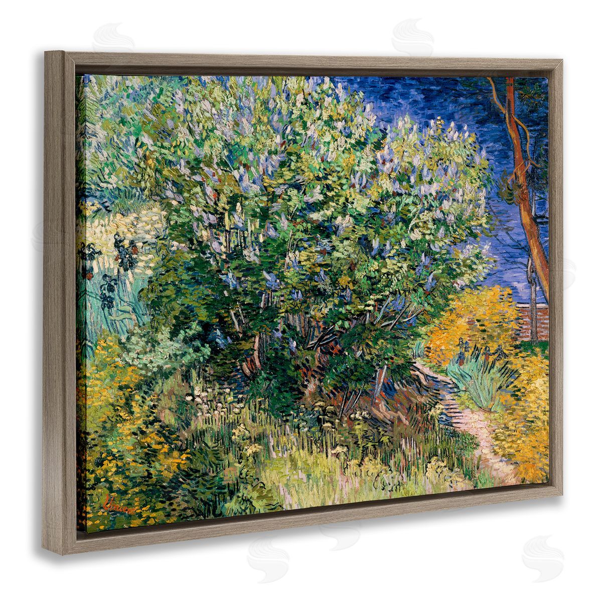 Lilac Bush Classical Painting Brown Floating Frame Canvas Wall Art, Home Decor by Vincent Van Gogh
