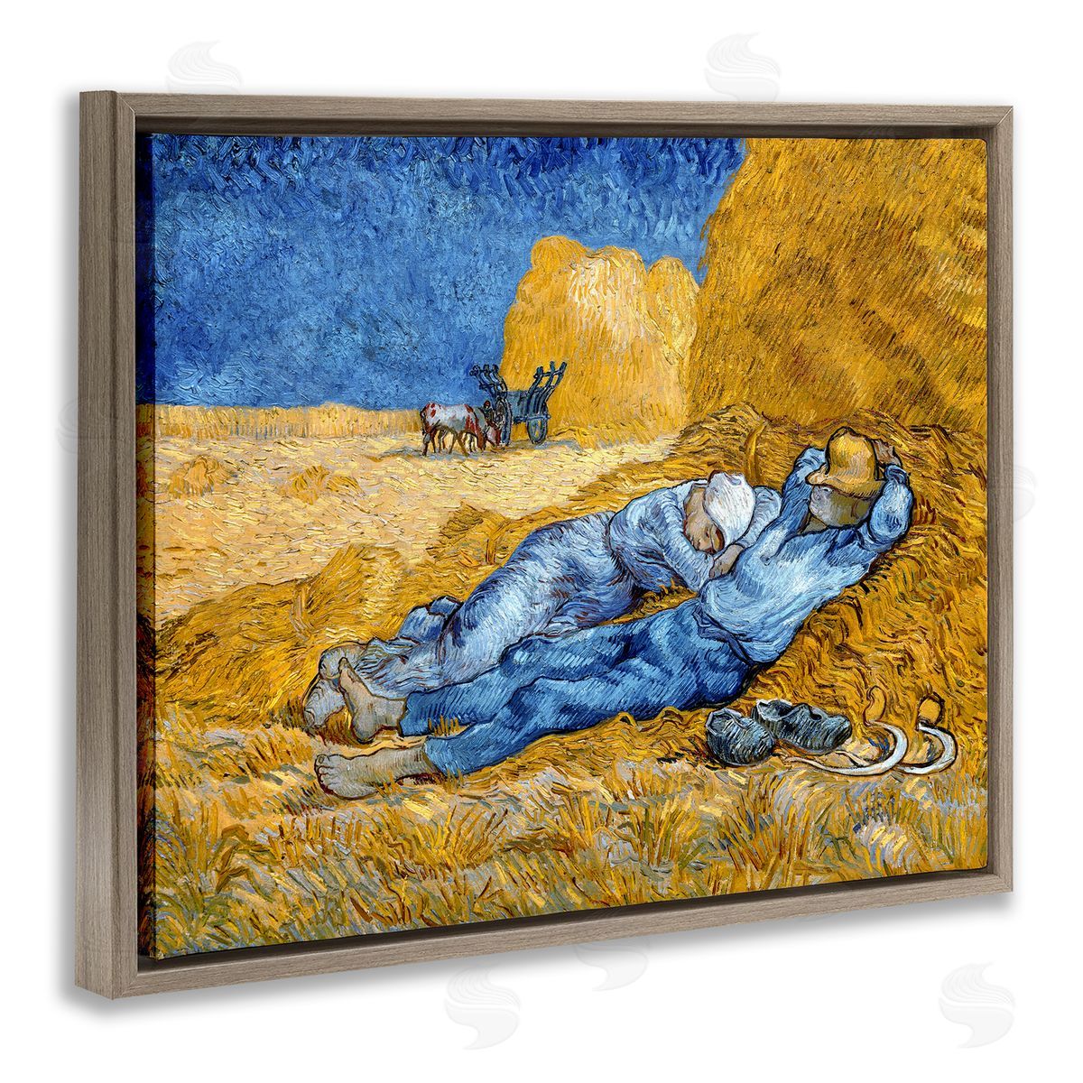 Noon - Rest from Work Brown Floating Frame Canvas Wall Art, Home Decor by Vincent Van Gogh