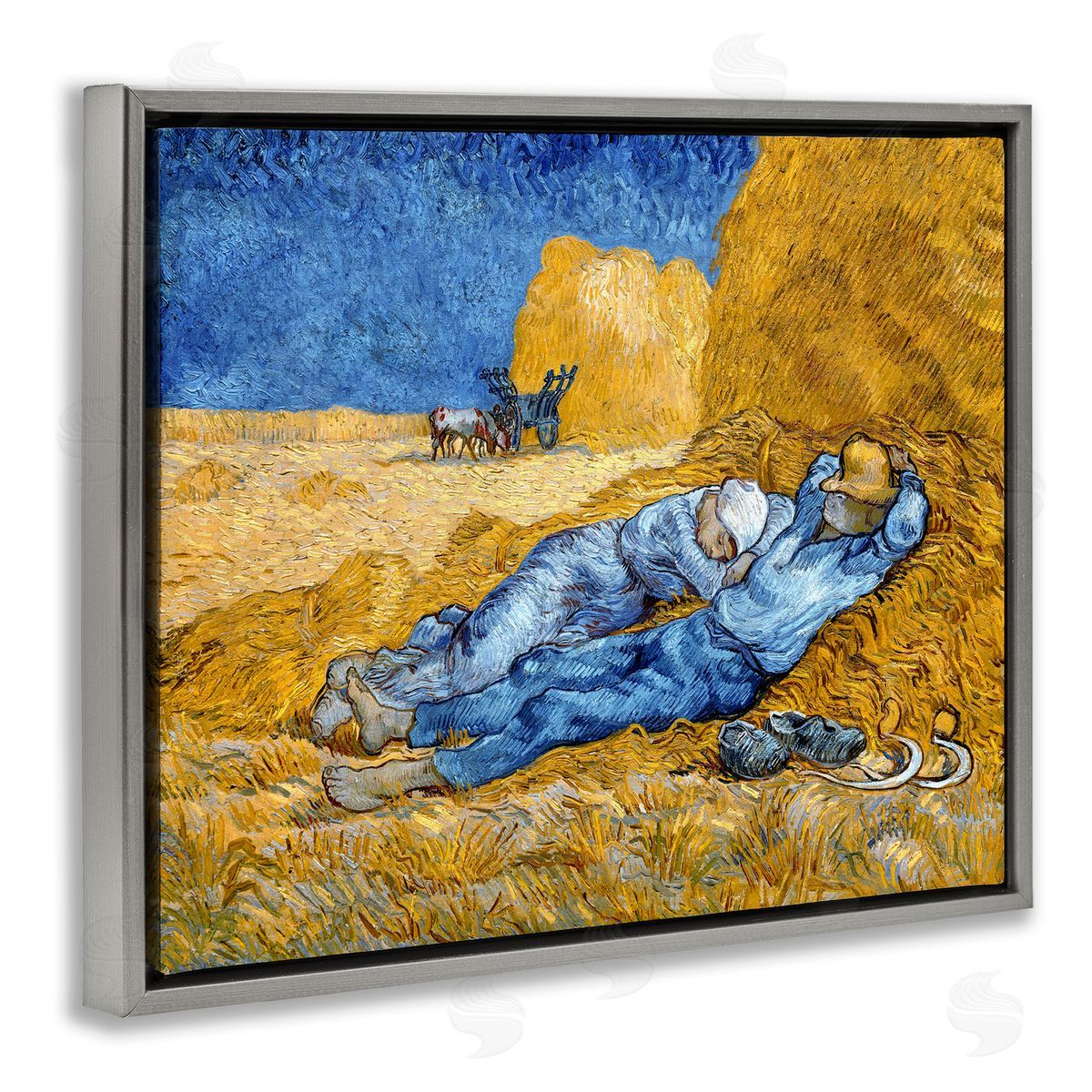 Noon - Rest from Work Grey Floating Frame Canvas Wall Art, Home Decor by Vincent Van Gogh