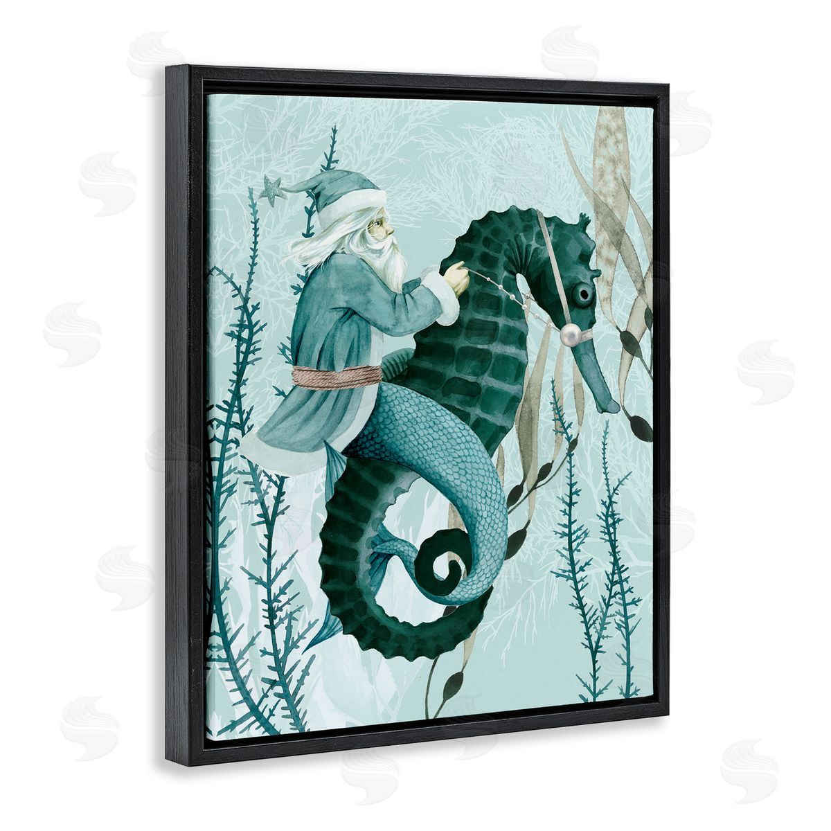 Sea Santa Ocean Christmas Holiday Black Floating Frame Canvas Wall Art, Home Decor by Grace Popp