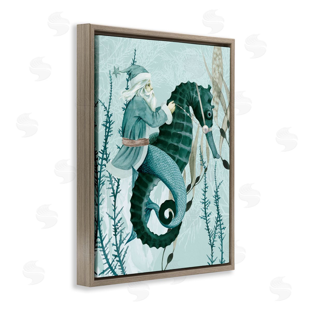 Sea Santa Ocean Christmas Holiday Brown Floating Frame Canvas Wall Art, Home Decor by Grace Popp