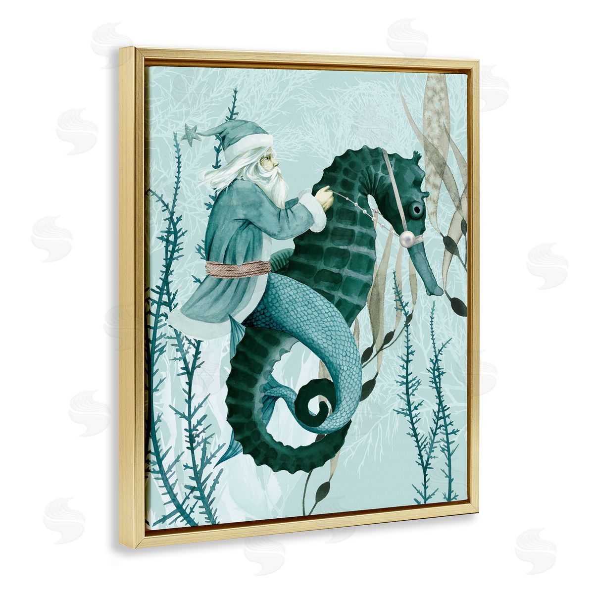 Sea Santa Ocean Christmas Holiday Gold Floating Frame Canvas Wall Art, Home Decor by Grace Popp