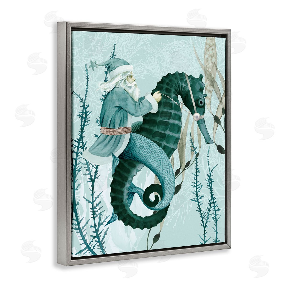 Sea Santa Ocean Christmas Holiday Grey Floating Frame Canvas Wall Art, Home Decor by Grace Popp