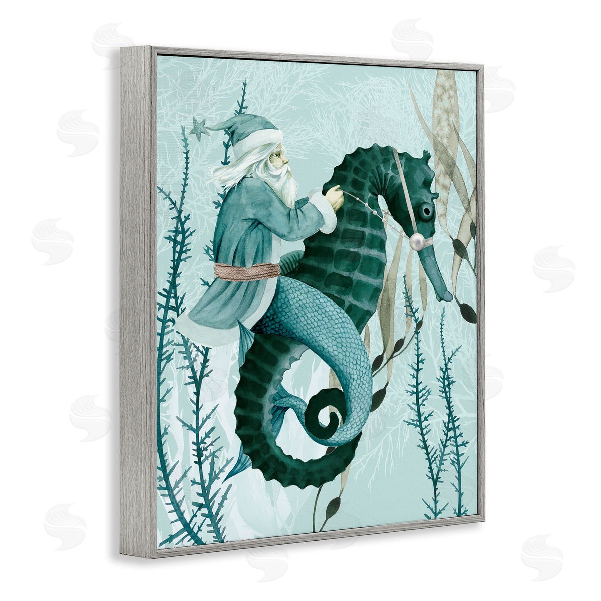 Sea Santa Ocean Christmas Holiday Grey Frame Print Wall Art, Home Decor by Grace Popp