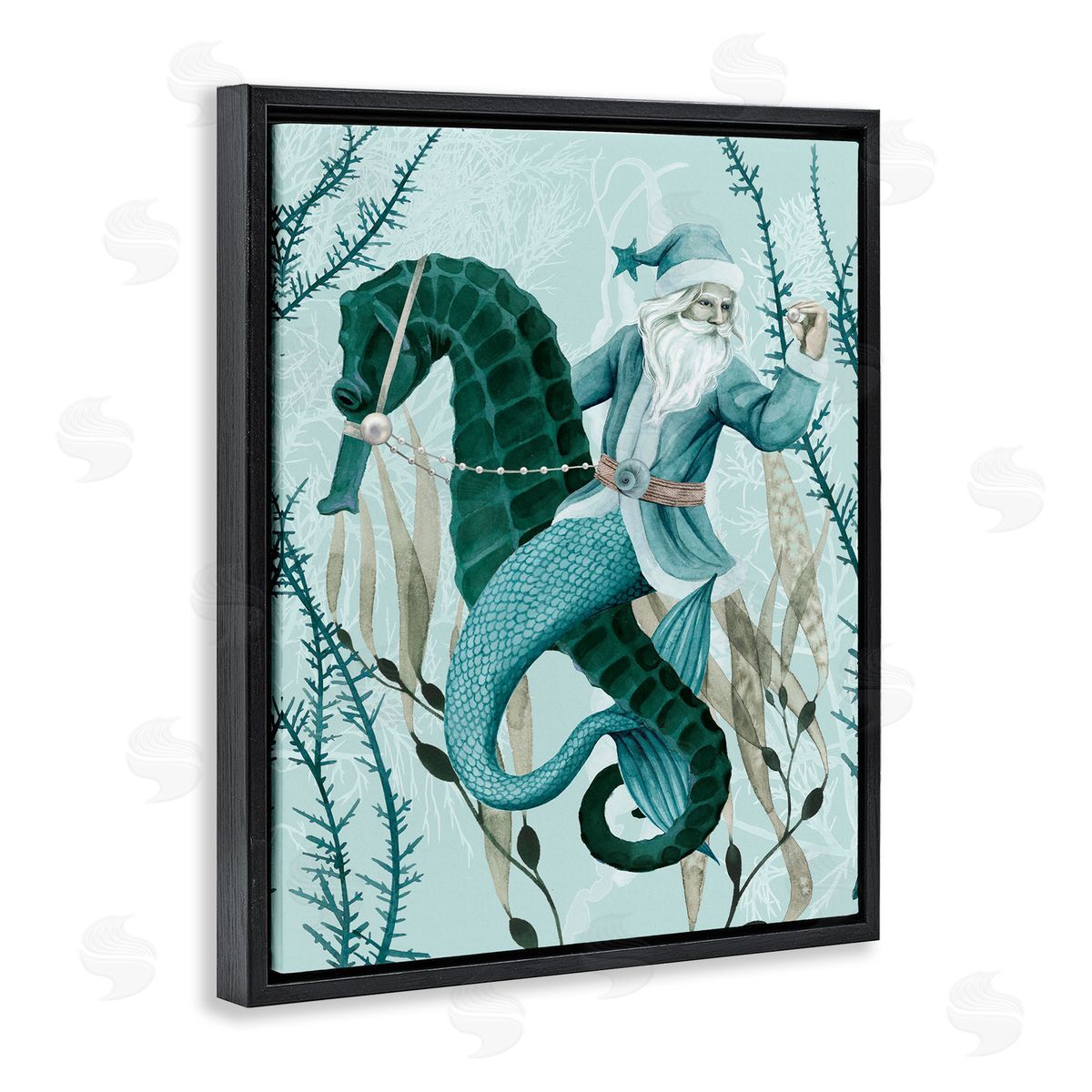 Sea Santa Ocean Holiday Christmas Black Floating Frame Canvas Wall Art, Home Decor by Grace Popp