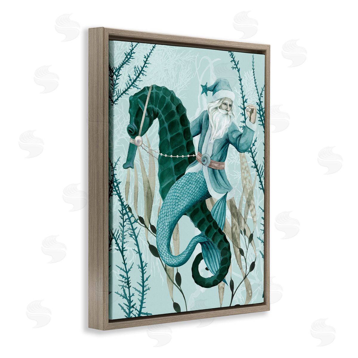 Sea Santa Ocean Holiday Christmas Brown Floating Frame Canvas Wall Art, Home Decor by Grace Popp