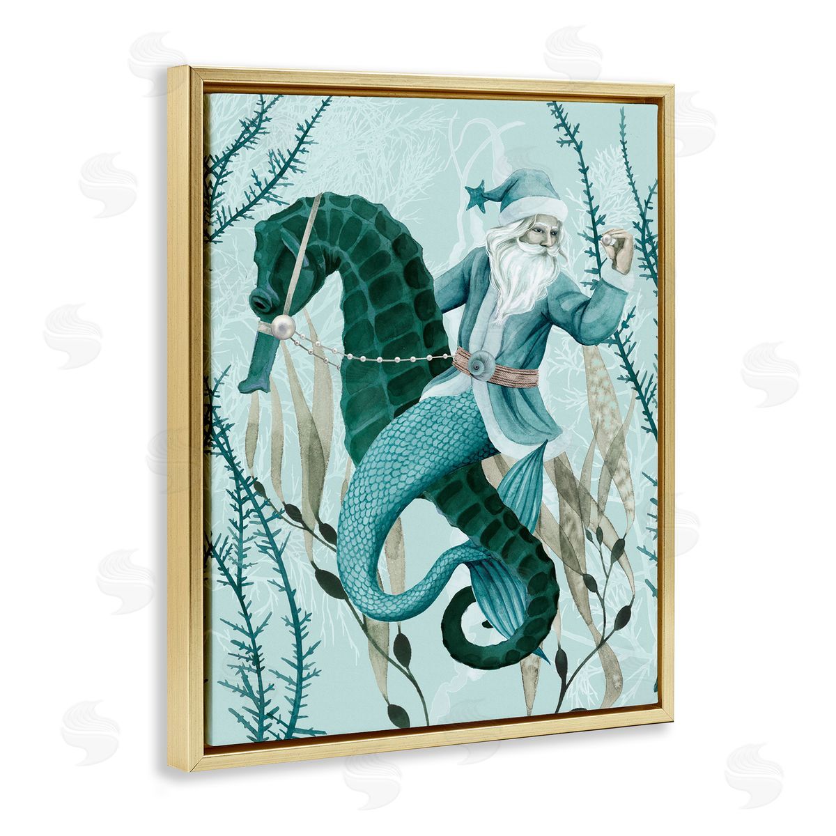 Sea Santa Ocean Holiday Christmas Gold Floating Frame Canvas Wall Art, Home Decor by Grace Popp