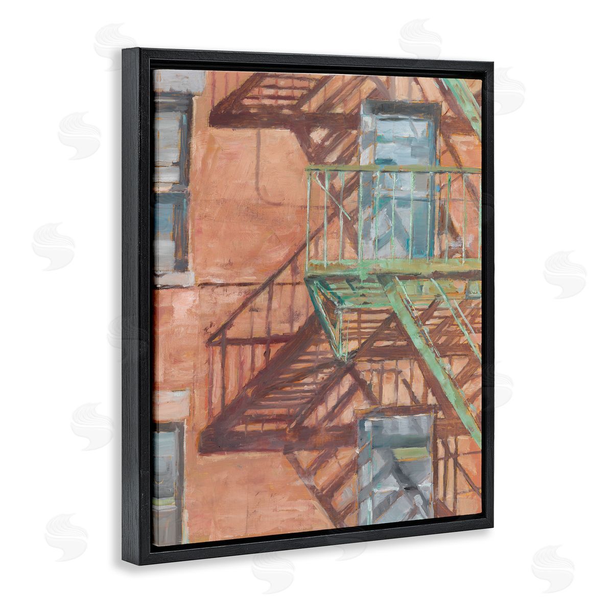 Cityscape Fire Escape Painting Black Floating Frame Canvas Wall Art, Home Decor by Ethan Harper