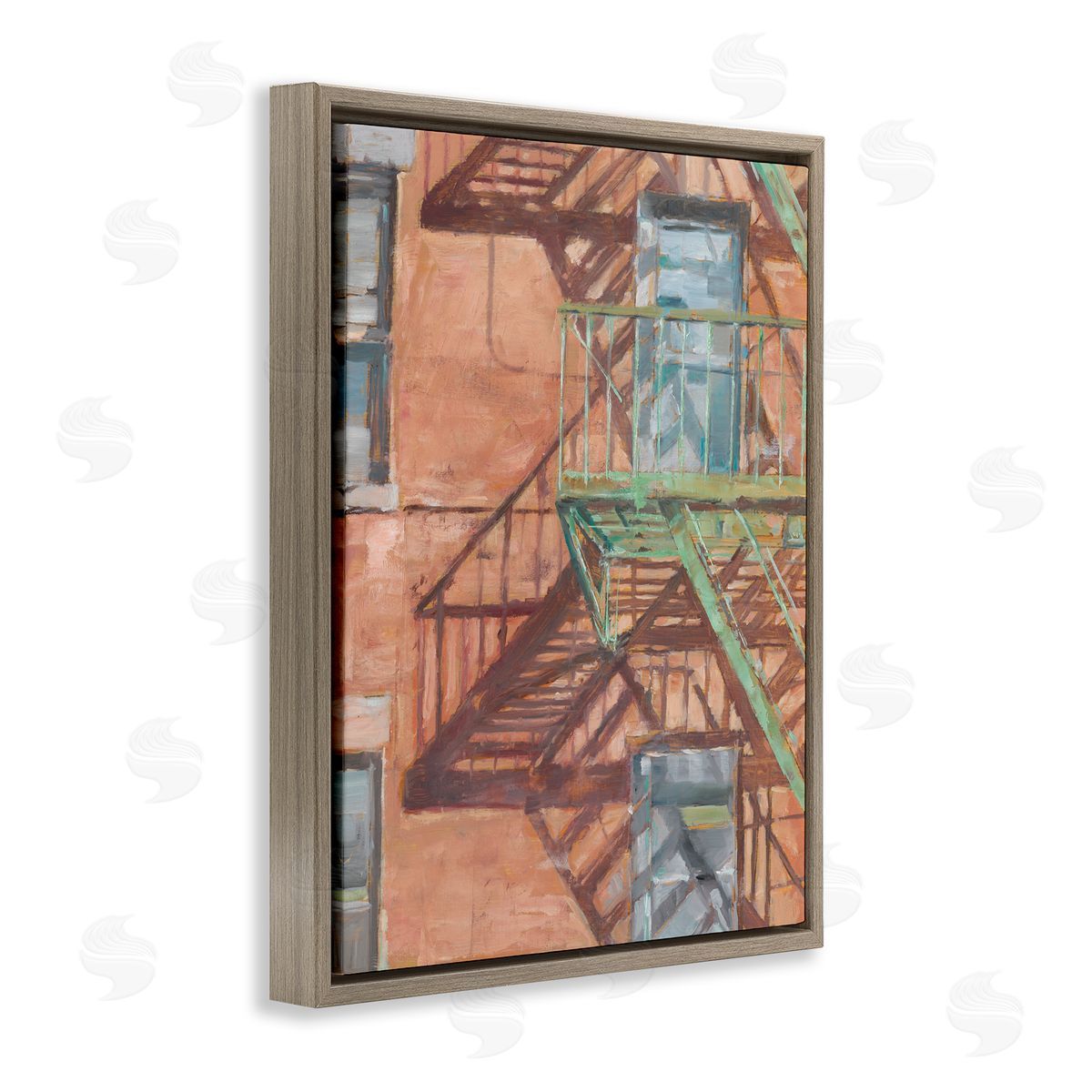 Cityscape Fire Escape Painting Brown Floating Frame Canvas Wall Art, Home Decor by Ethan Harper