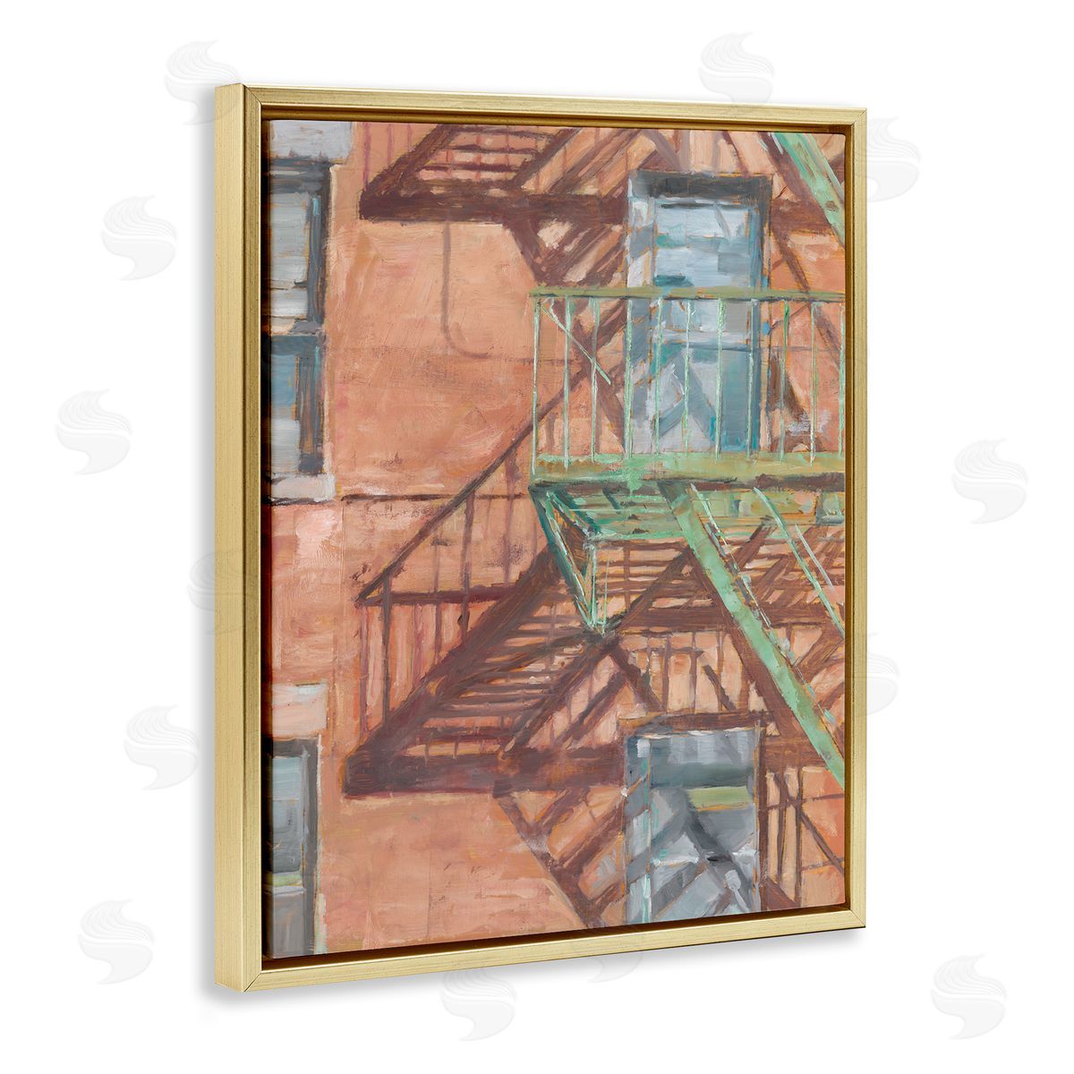 Cityscape Fire Escape Painting Gold Floating Frame Canvas Wall Art, Home Decor by Ethan Harper