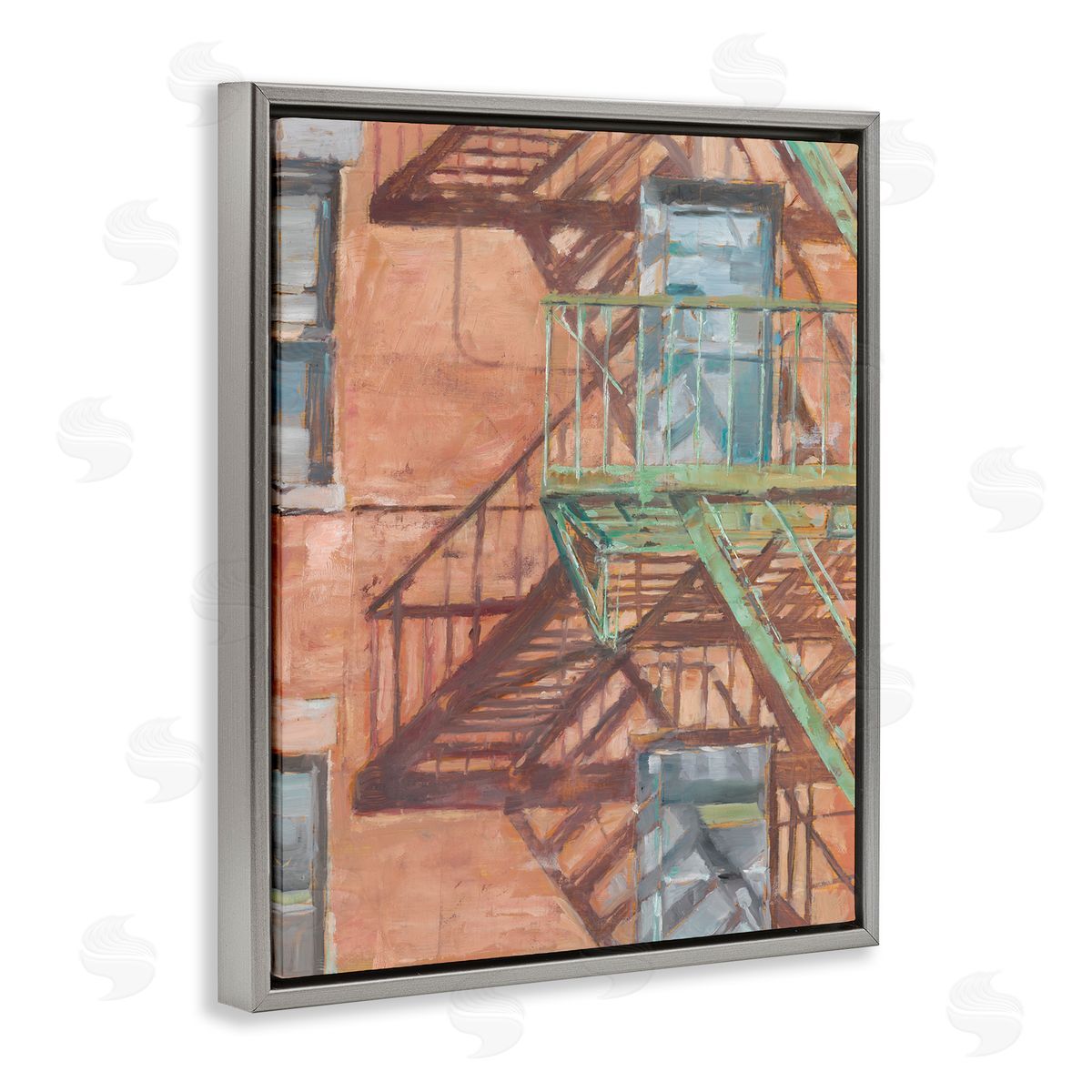 Cityscape Fire Escape Painting Grey Floating Frame Canvas Wall Art, Home Decor by Ethan Harper