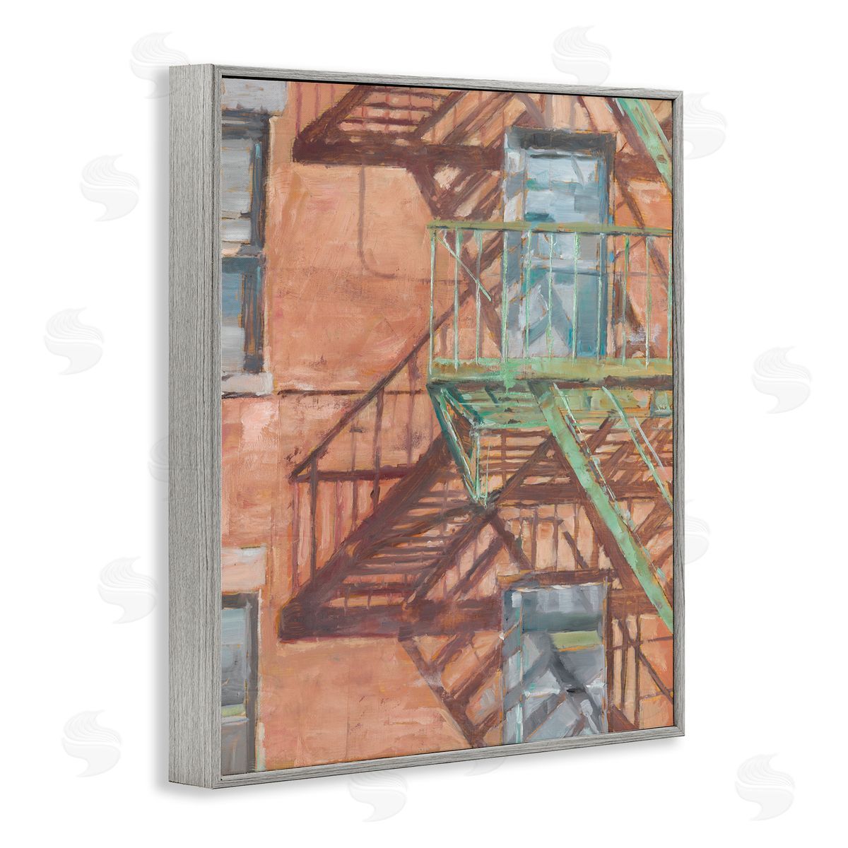 Cityscape Fire Escape Painting Grey Frame Print Wall Art, Home Decor by Ethan Harper