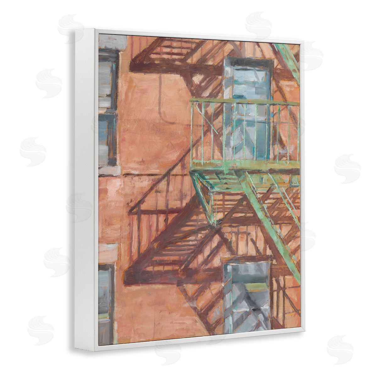 Cityscape Fire Escape Painting White Frame Print Wall Art, Home Decor by Ethan Harper