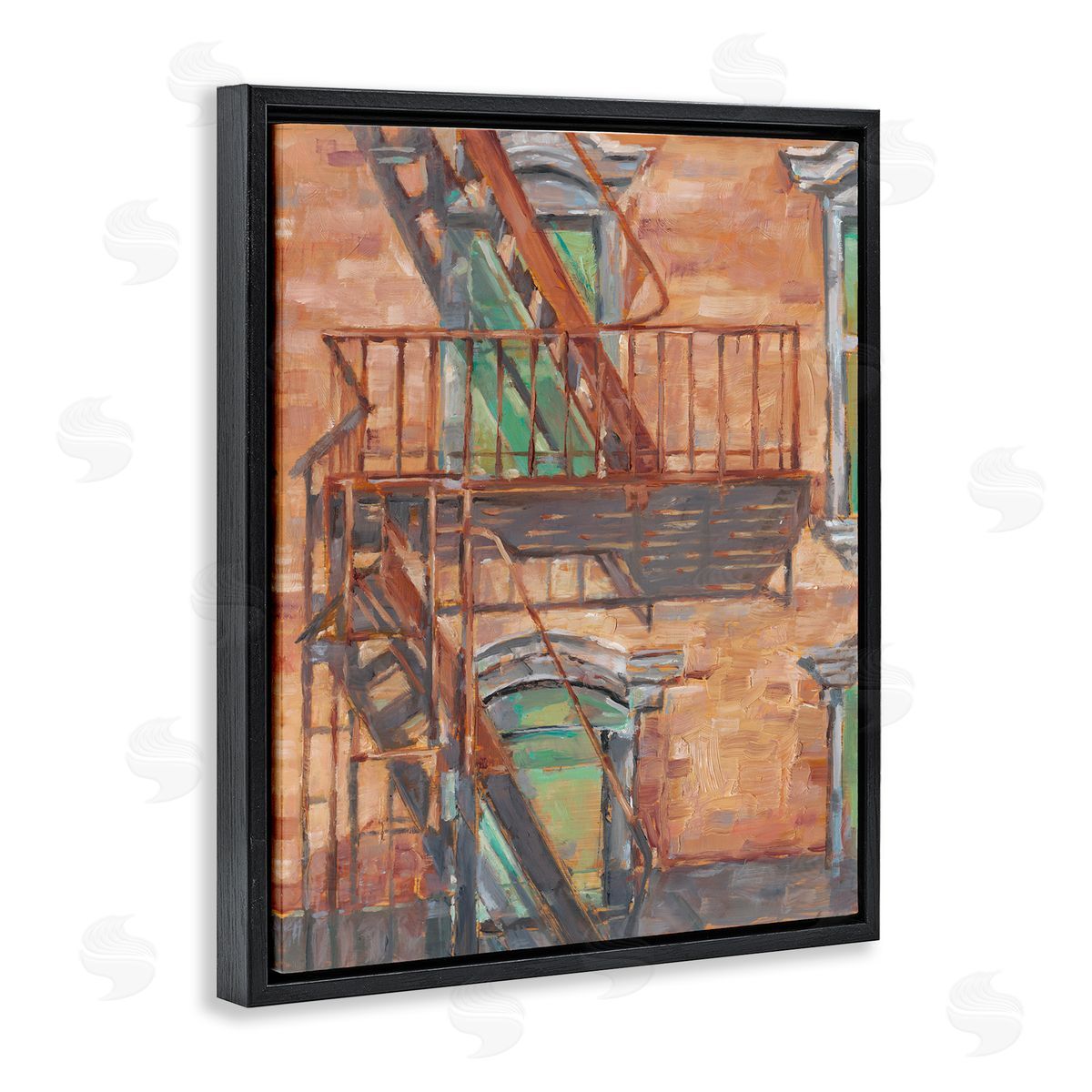 Brick Building Fire Escape Black Floating Frame Canvas Wall Art, Home Decor by Ethan Harper