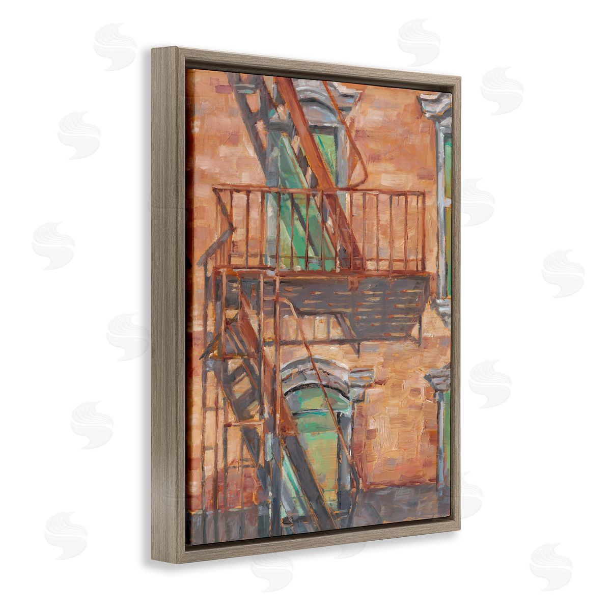 Brick Building Fire Escape Brown Floating Frame Canvas Wall Art, Home Decor by Ethan Harper