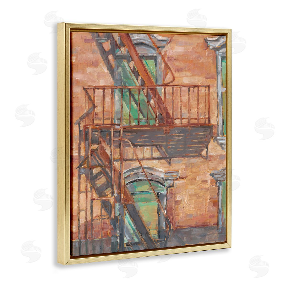 Brick Building Fire Escape Gold Floating Frame Canvas Wall Art, Home Decor by Ethan Harper