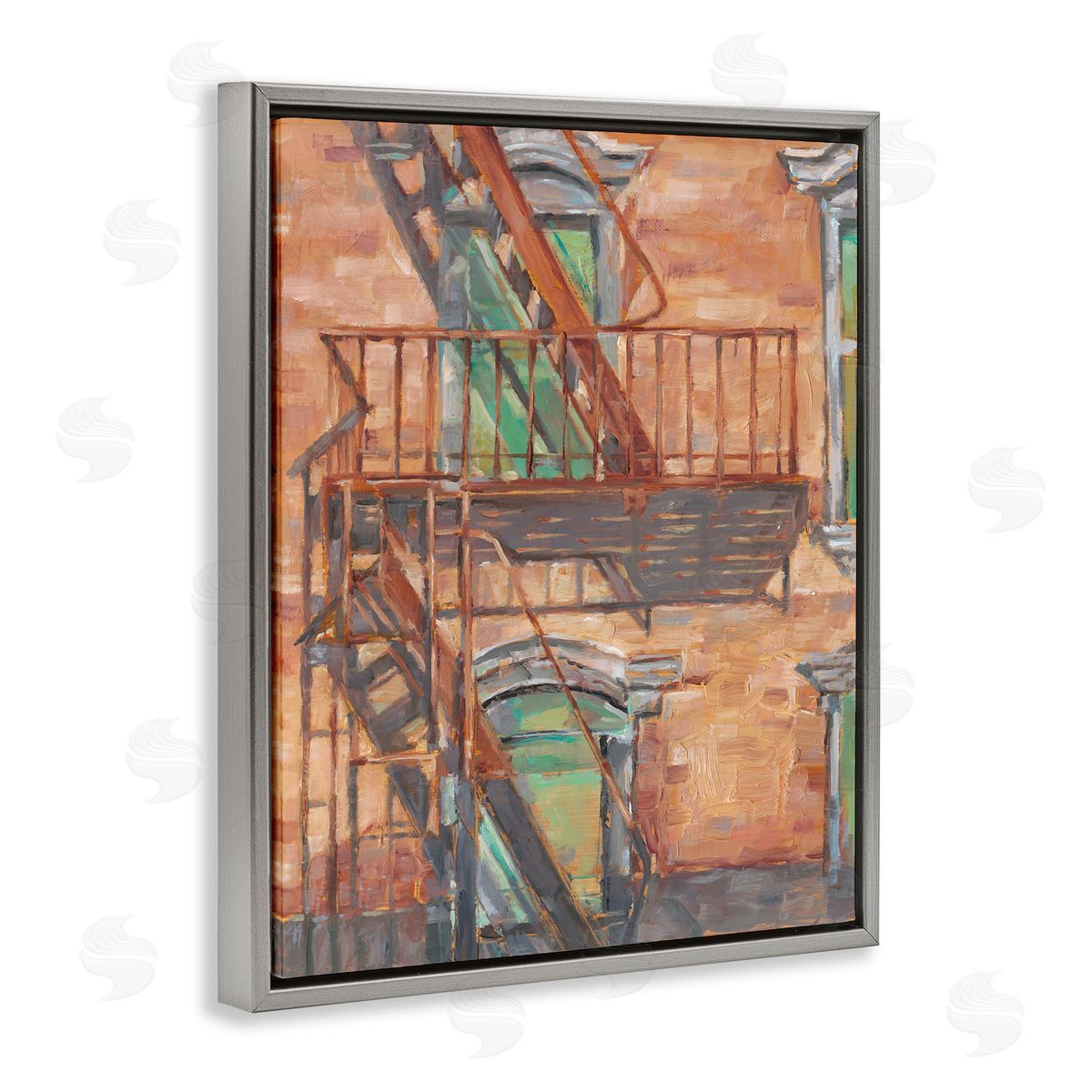 Brick Building Fire Escape Grey Floating Frame Canvas Wall Art, Home Decor by Ethan Harper